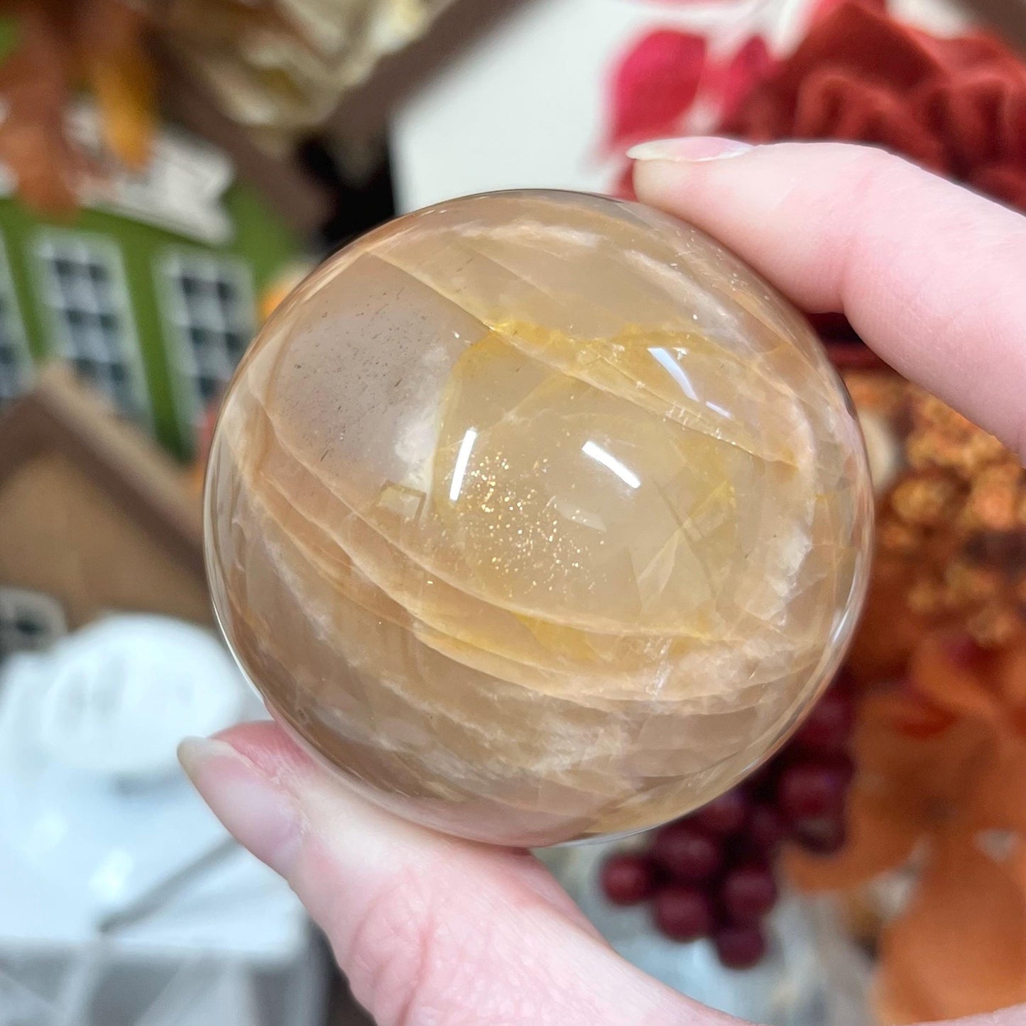 Flashy Peach Moonstone Sphere with Sunstone and Smoky Quartz