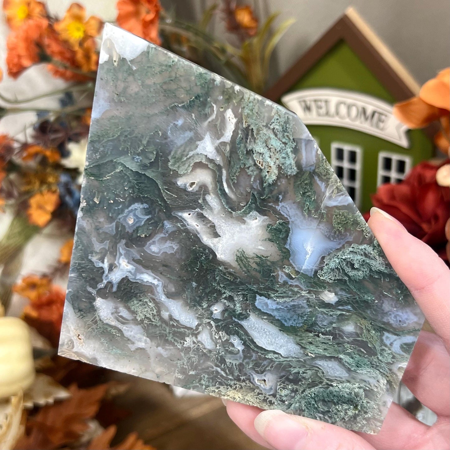 Translucent Moss Agate Slab with Stand