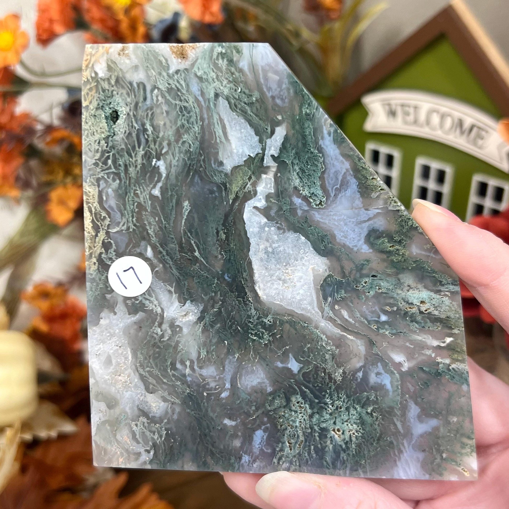 Translucent Moss Agate Slab with Stand