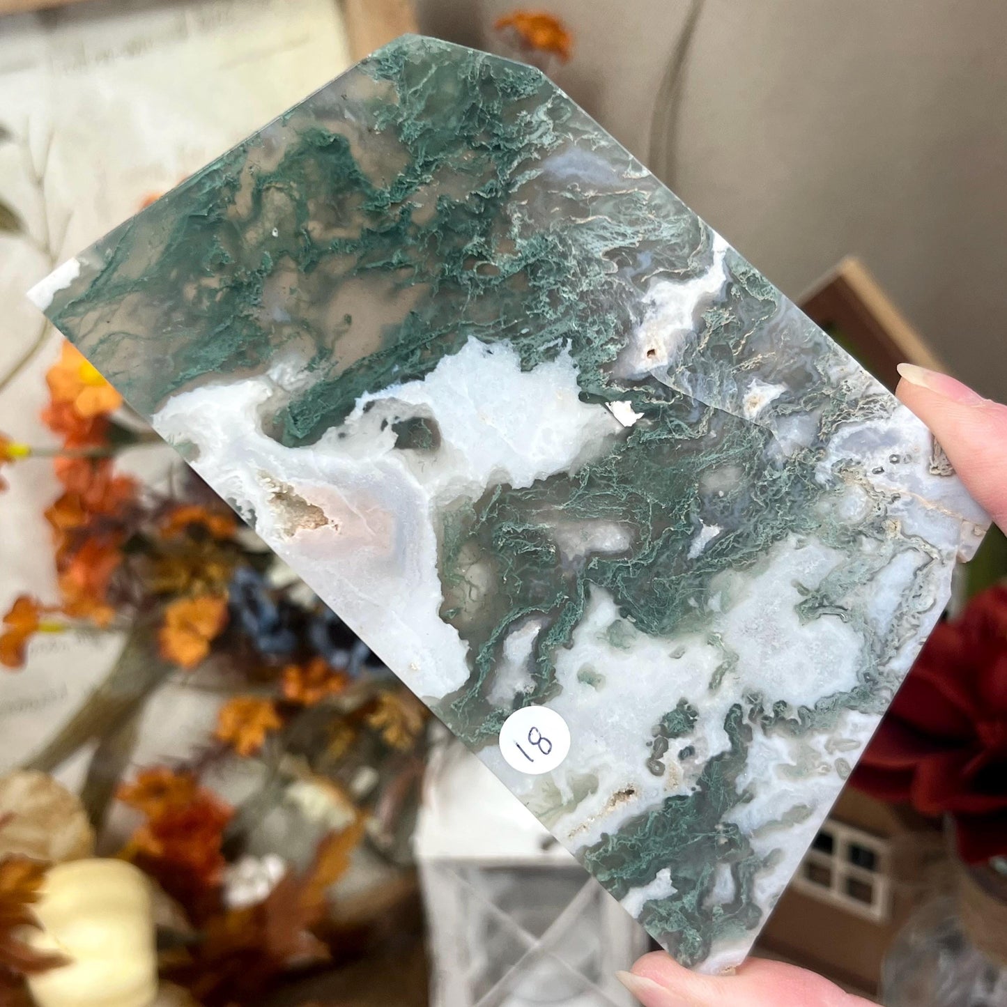 Druzy Moss Agate Slab with Stand