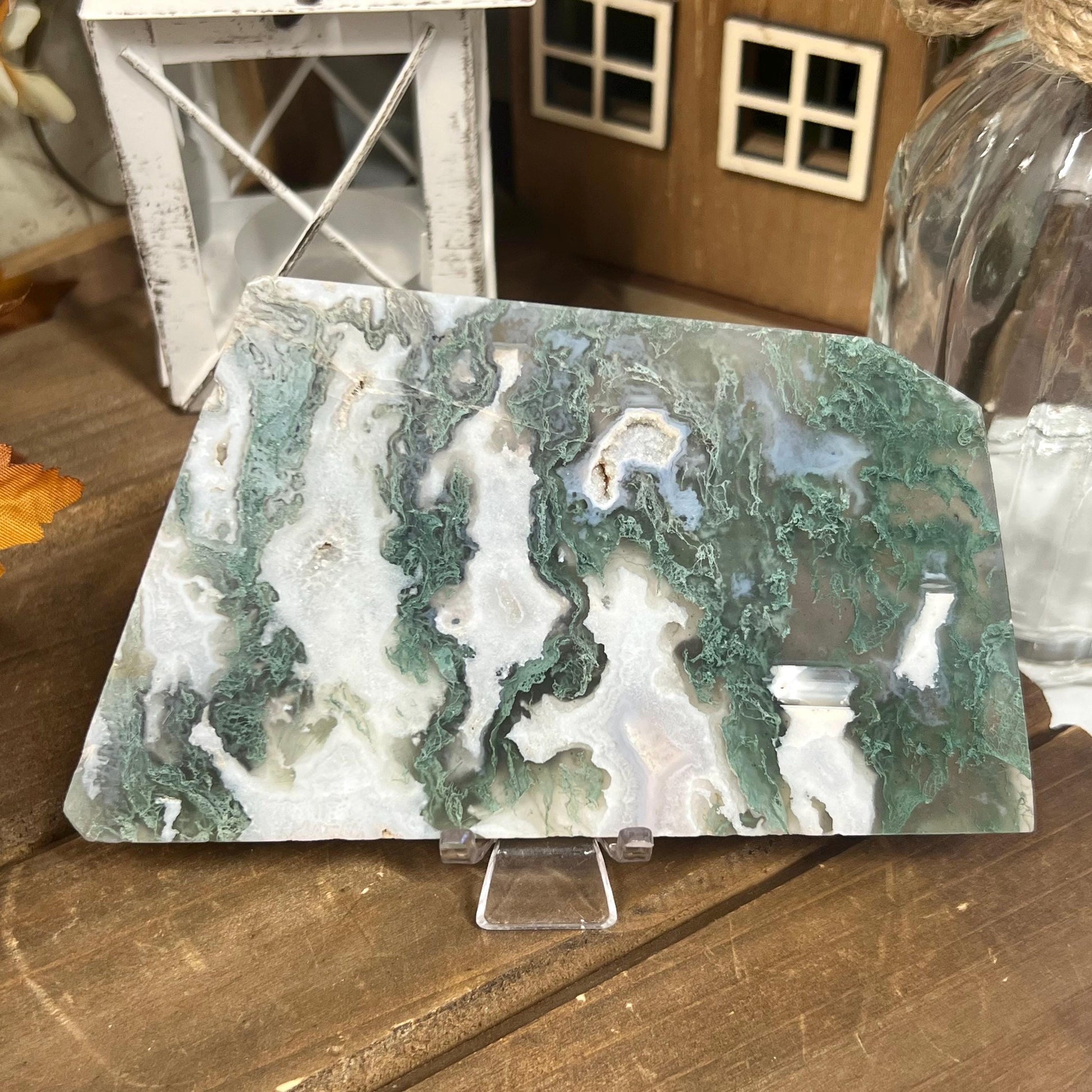 Druzy Moss Agate Slab with Stand