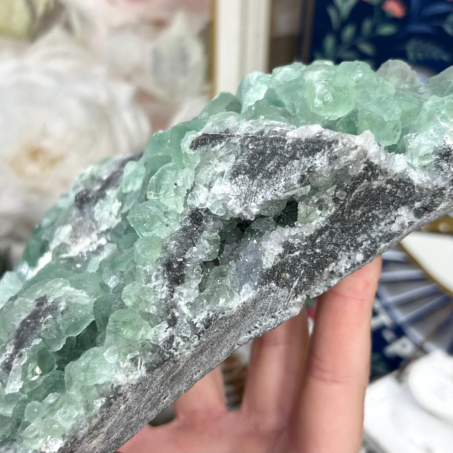 Large Green Fluorite Specimen with Druzy Quartz | Sugar Fluorite | Cubic Fluorite Cluster | Fluorite with Quartz