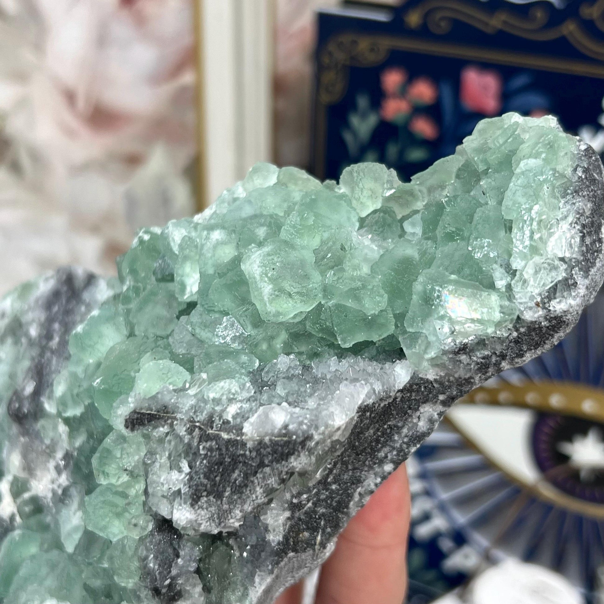 Large Green Fluorite Specimen with Druzy Quartz | Sugar Fluorite | Cubic Fluorite Cluster | Fluorite with Quartz