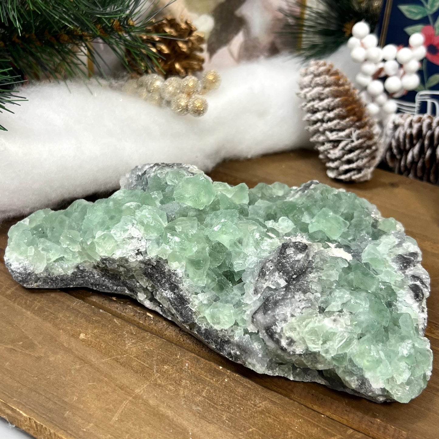 Large Green Fluorite Specimen with Druzy Quartz | Sugar Fluorite | Cubic Fluorite Cluster | Fluorite with Quartz