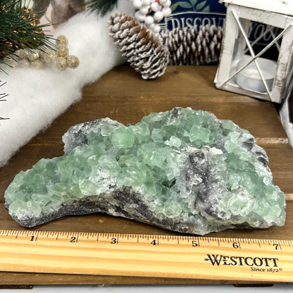 Large Green Fluorite Specimen with Druzy Quartz | Sugar Fluorite | Cubic Fluorite Cluster | Fluorite with Quartz