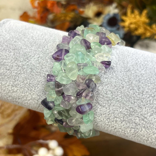 Multistrand Rainbow Fluorite Chips Bracelet | Crystal Stretch Bracelet | Fluorite Chips | Purple Fluorite