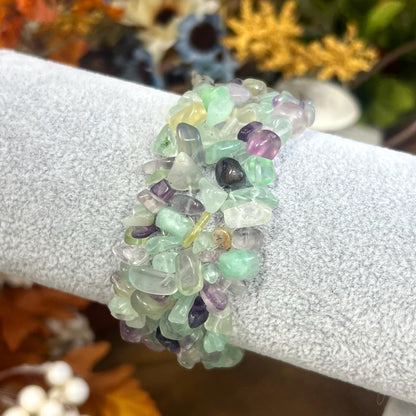 Multistrand Rainbow Fluorite Chips Bracelet | Crystal Stretch Bracelet | Fluorite Chips | Purple Fluorite