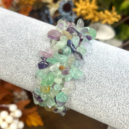 Multistrand Rainbow Fluorite Chips Bracelet | Crystal Stretch Bracelet | Fluorite Chips | Purple Fluorite