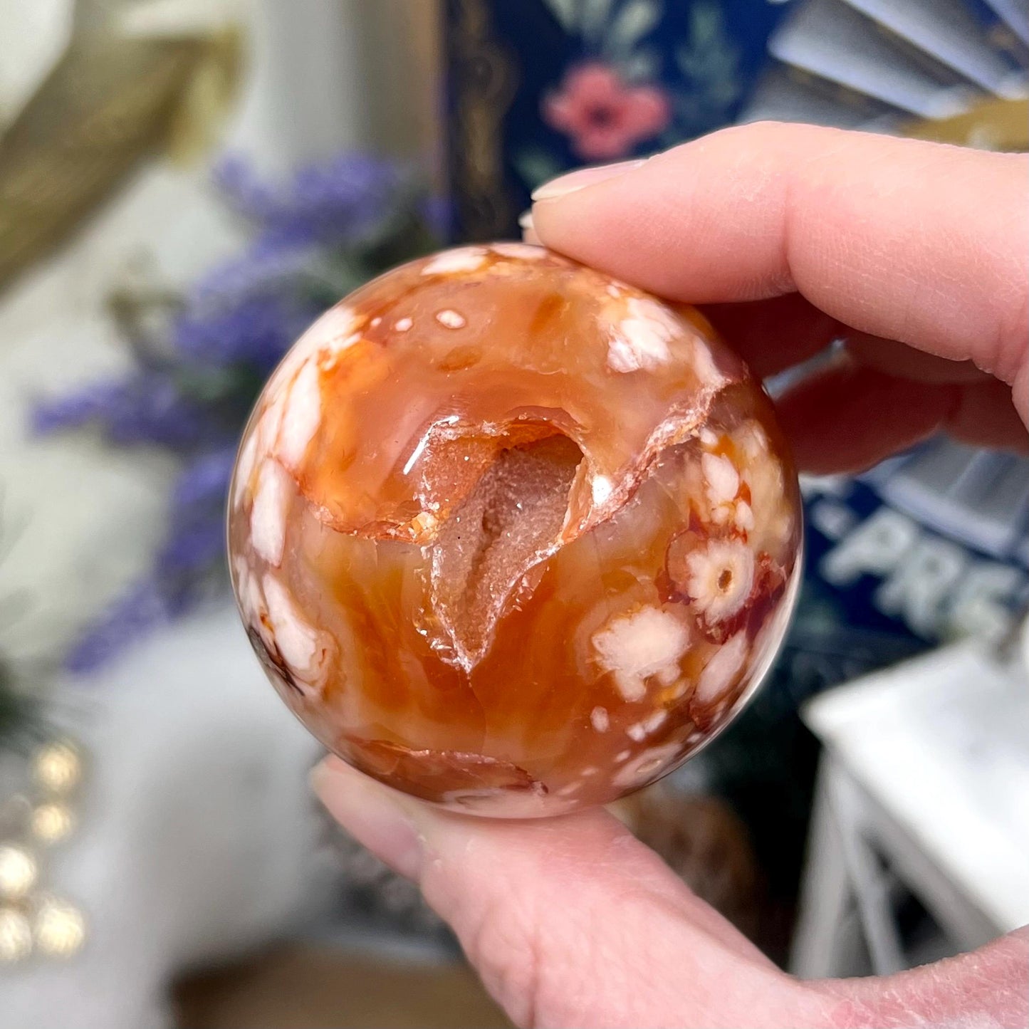 Gorgeous Carnelian Flower Agate Sphere with Druzy | Druzy Carnelian Sphere