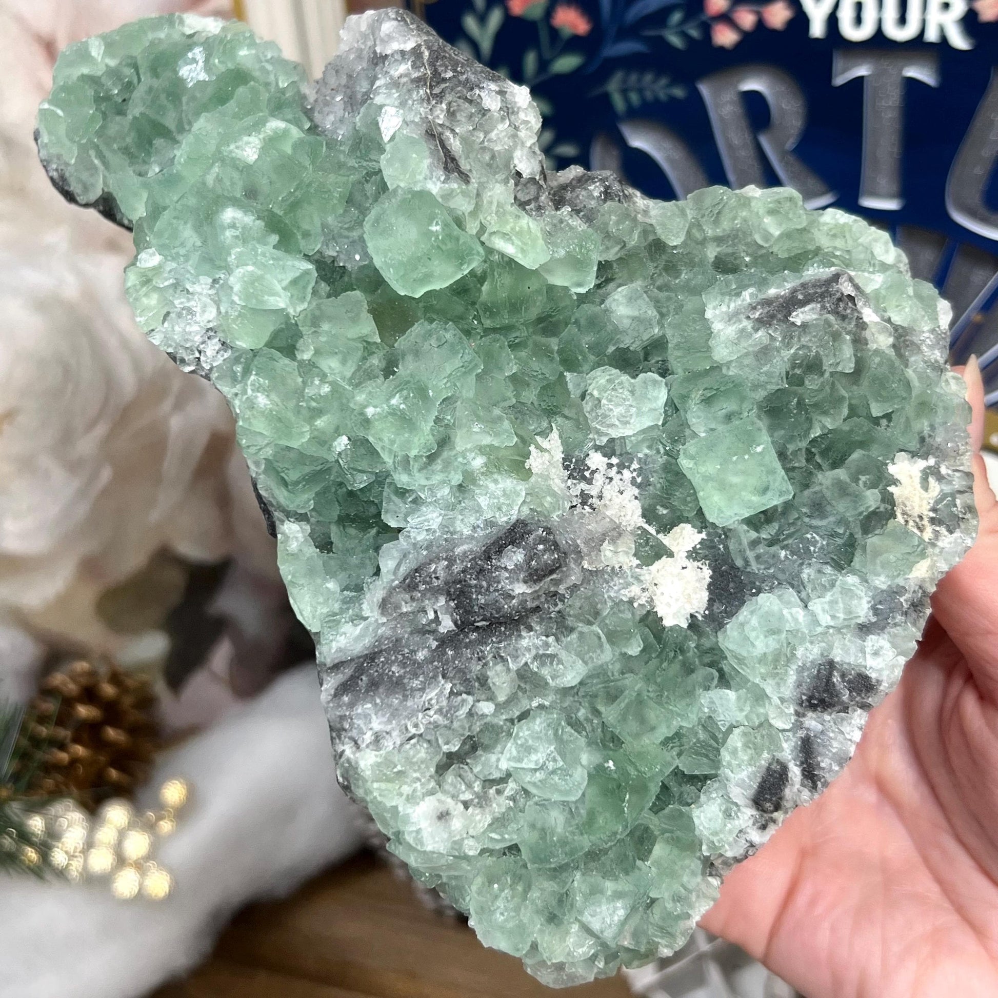 Large Green Fluorite Specimen with Druzy Quartz | Sugar Fluorite | Cubic Fluorite Cluster | Fluorite with Quartz