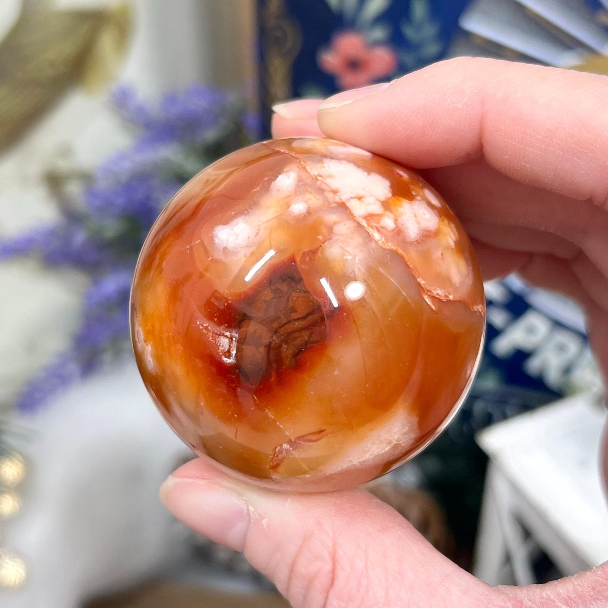 Gorgeous Carnelian Flower Agate Sphere with Druzy | Druzy Carnelian Sphere