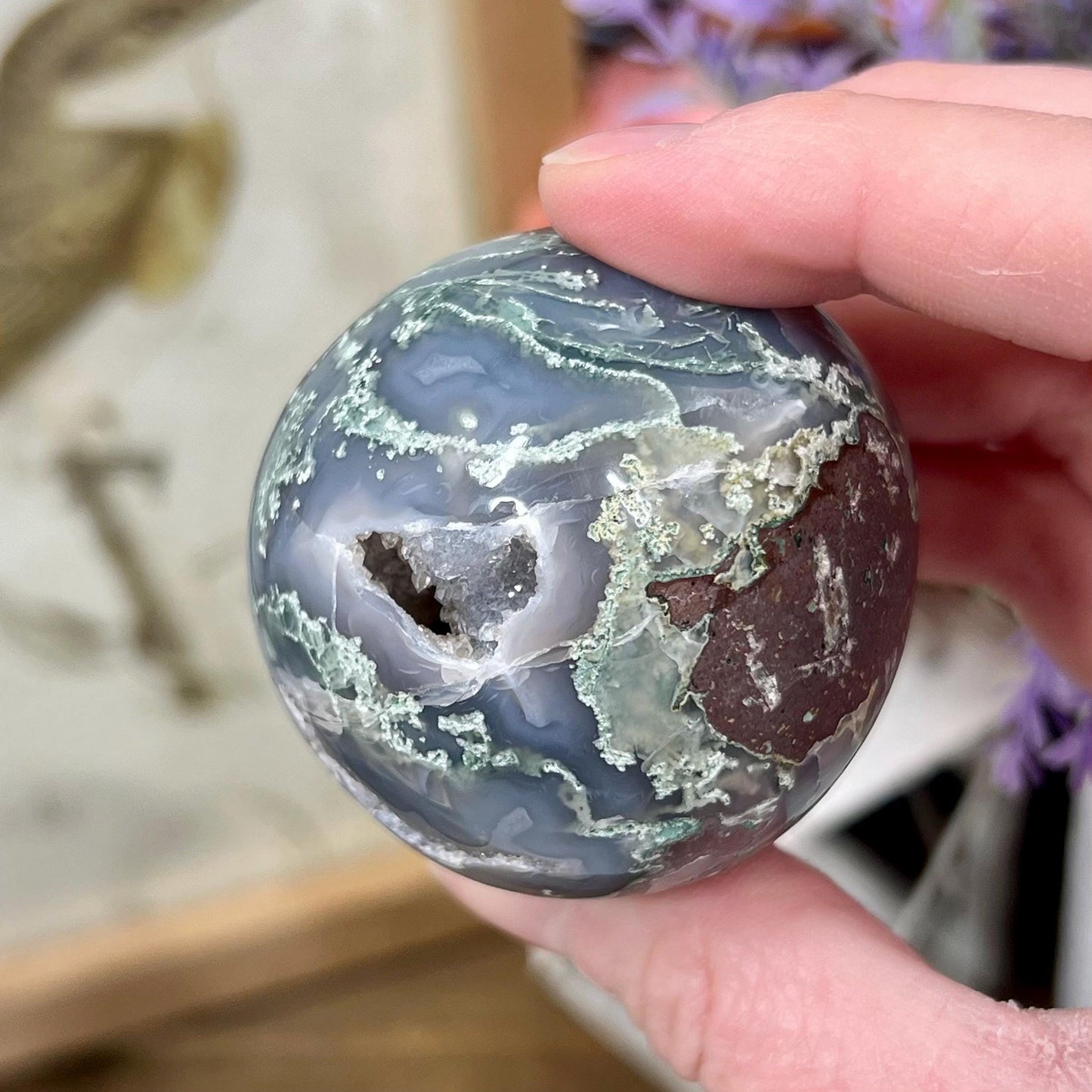 High Grade Moss Agate Sphere from India | Druzy Moss Agate | Blue Moss Agate Sphere | Blue Chalcedony