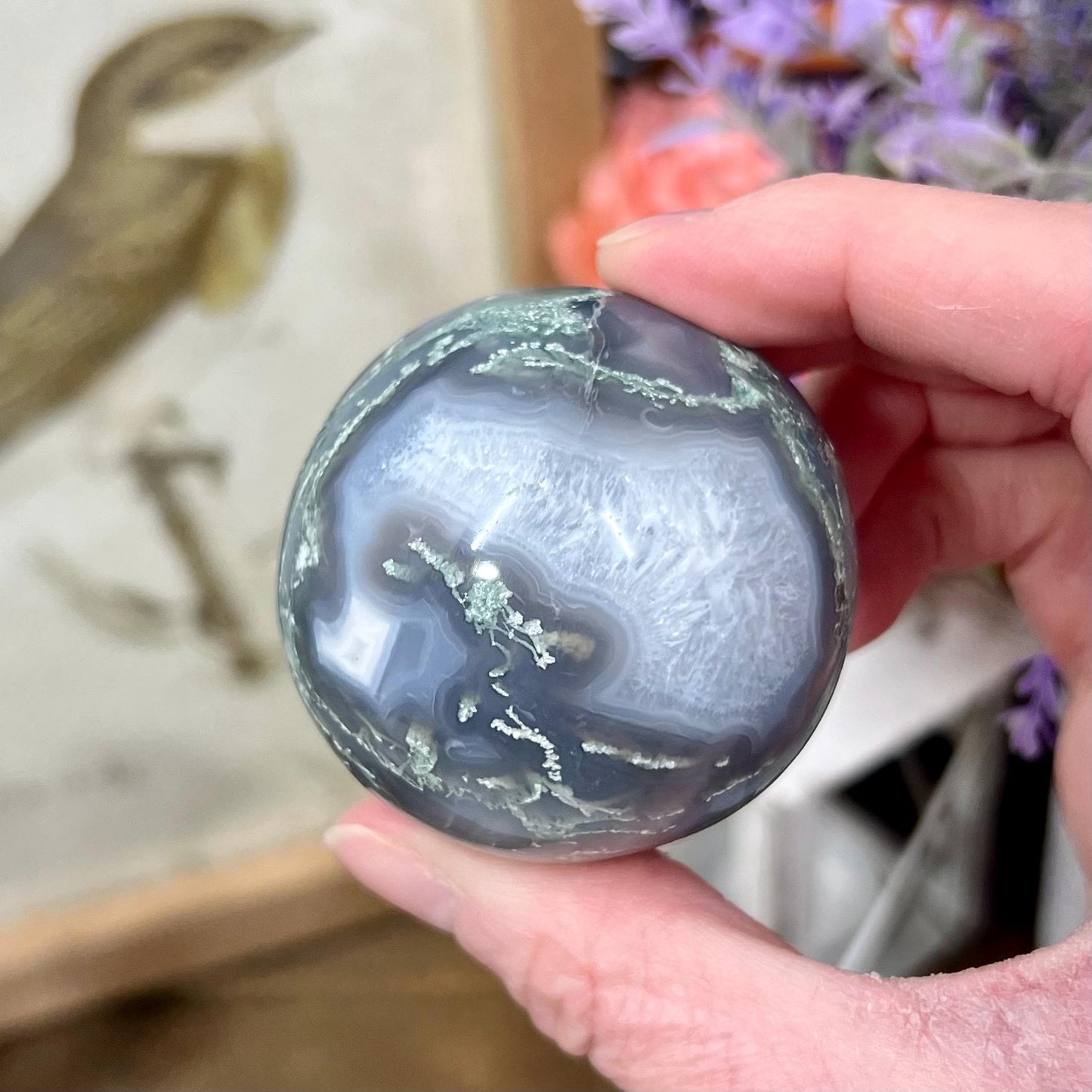 High Grade Moss Agate Sphere from India | Druzy Moss Agate | Blue Moss Agate Sphere | Blue Chalcedony