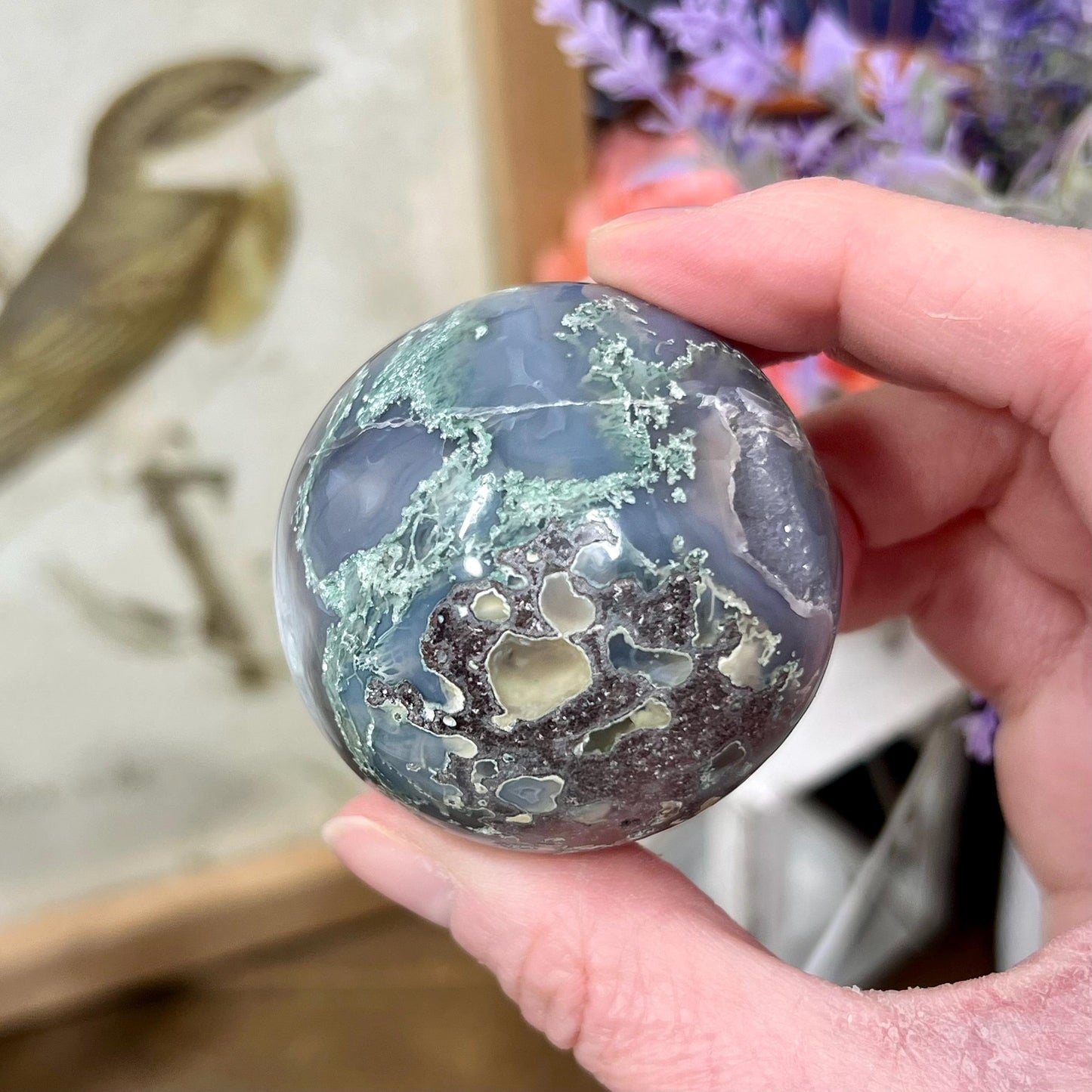 High Grade Moss Agate Sphere from India | Druzy Moss Agate | Blue Moss Agate Sphere | Blue Chalcedony