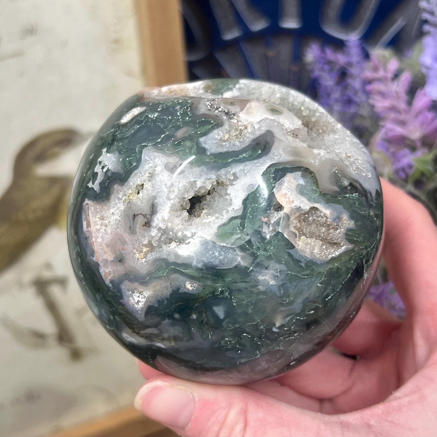 Large Druzy Moss Agate Sphere from India | Blue Moss Agate Sphere