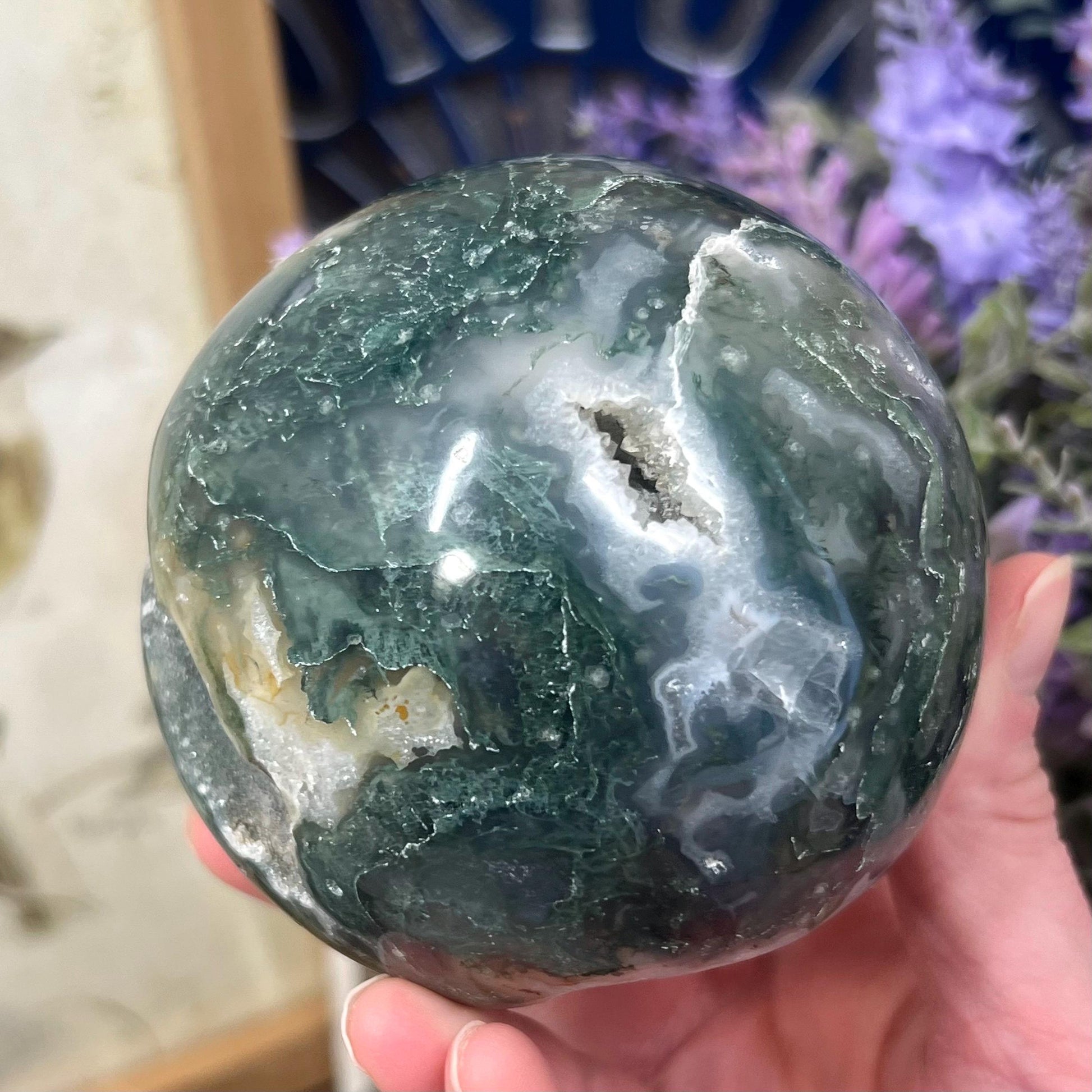 Large Druzy Moss Agate Sphere from India | Blue Moss Agate Sphere