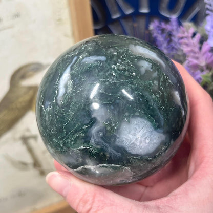 Large Druzy Moss Agate Sphere from India | Blue Moss Agate Sphere