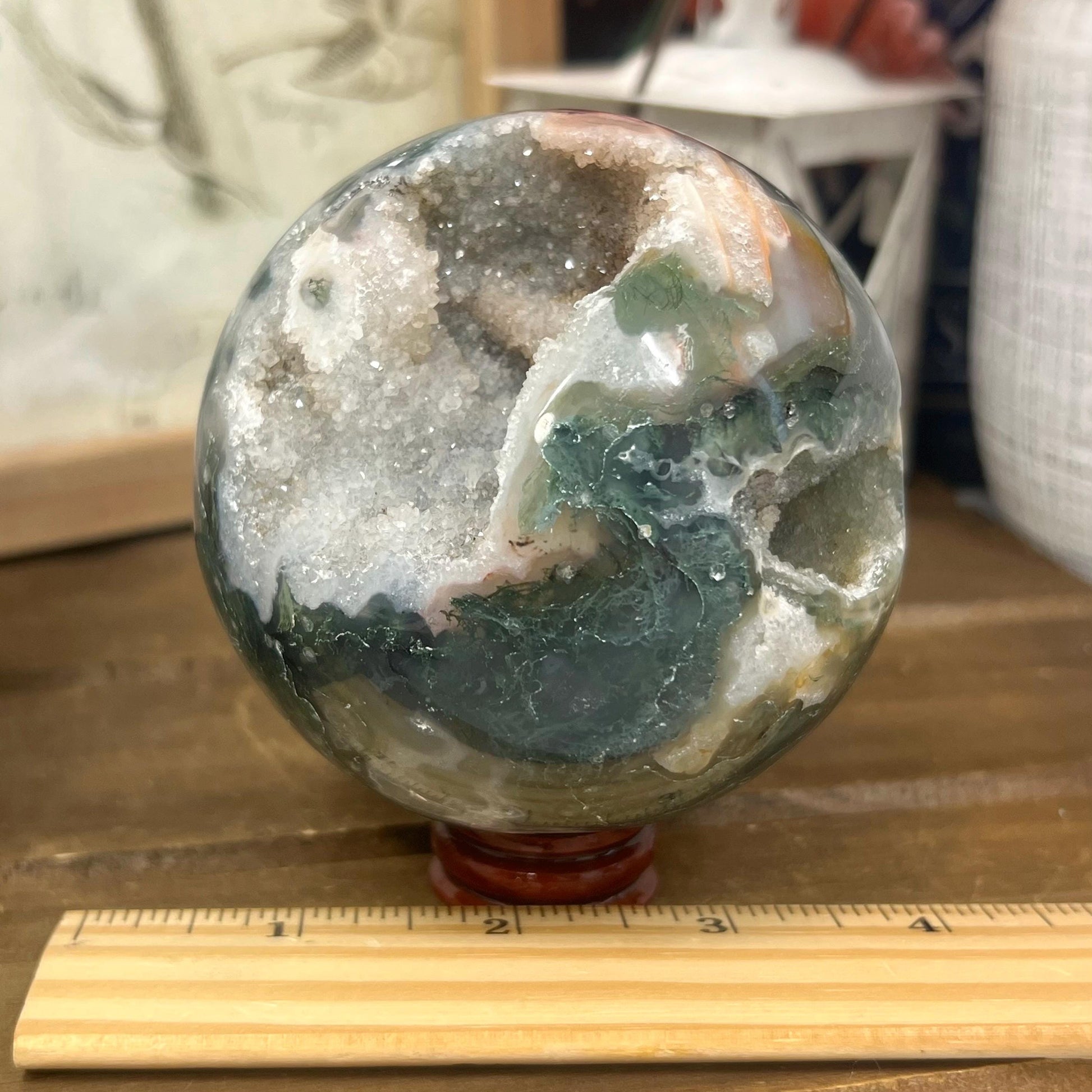 Large Druzy Moss Agate Sphere from India | Blue Moss Agate Sphere