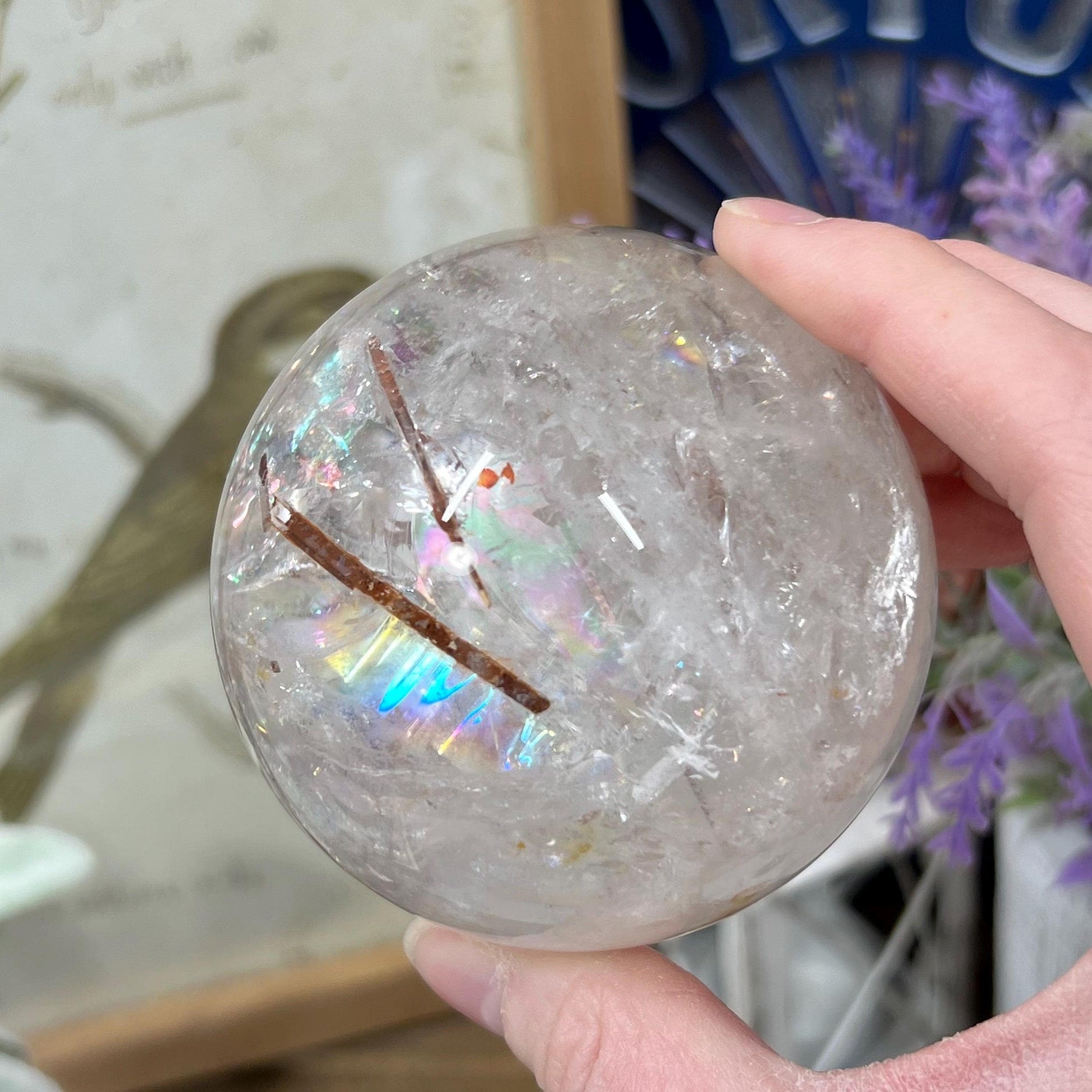 Amazing Quartz Sphere with Rainbows and Rutile | Rainbow Quartz | Rutilated Quartz | Red Hematite Quartz