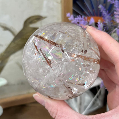 Amazing Quartz Sphere with Rainbows and Rutile | Rainbow Quartz | Rutilated Quartz | Red Hematite Quartz