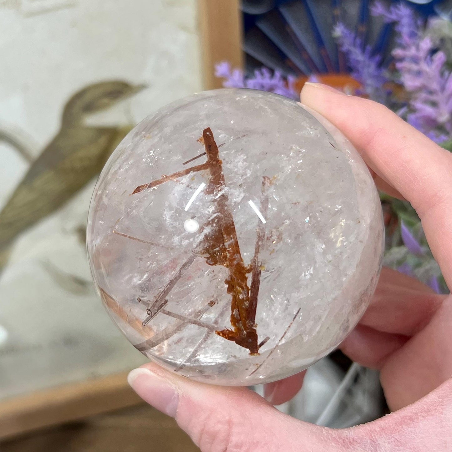 Amazing Quartz Sphere with Rainbows and Rutile | Rainbow Quartz | Rutilated Quartz | Red Hematite Quartz