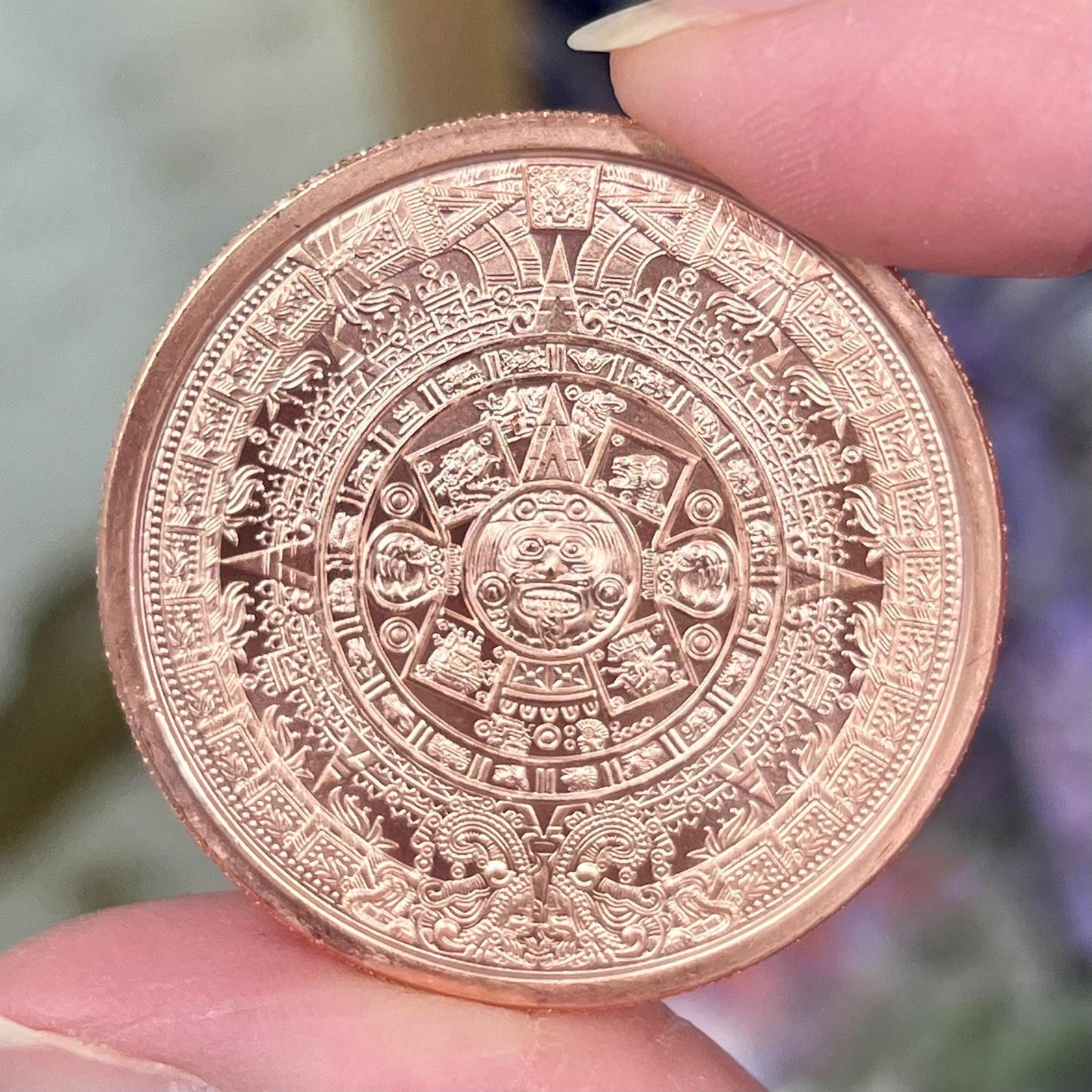 Aztec Calendar Copper Round | One Ounce Copper Coin | Fine Copper Bullion | Copper Carving