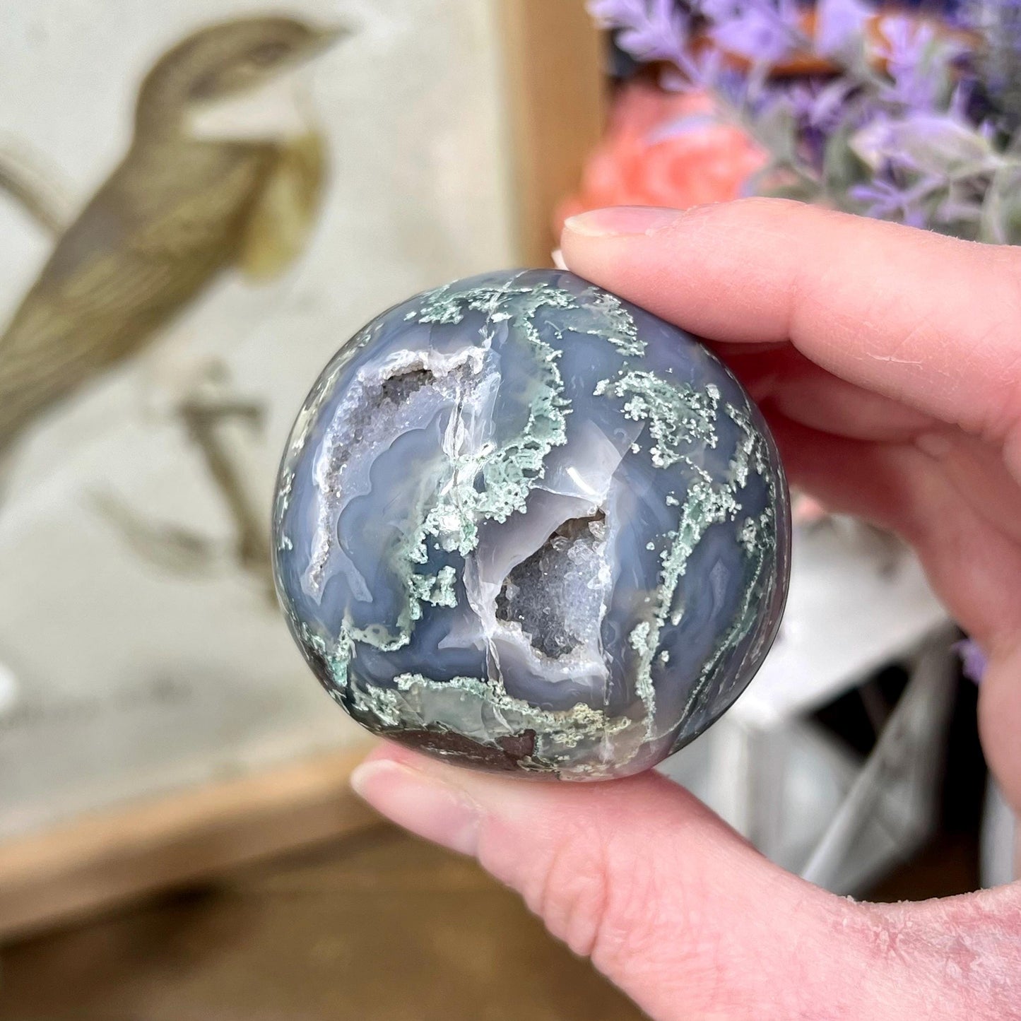 High Grade Moss Agate Sphere from India | Druzy Moss Agate | Blue Moss Agate Sphere | Blue Chalcedony