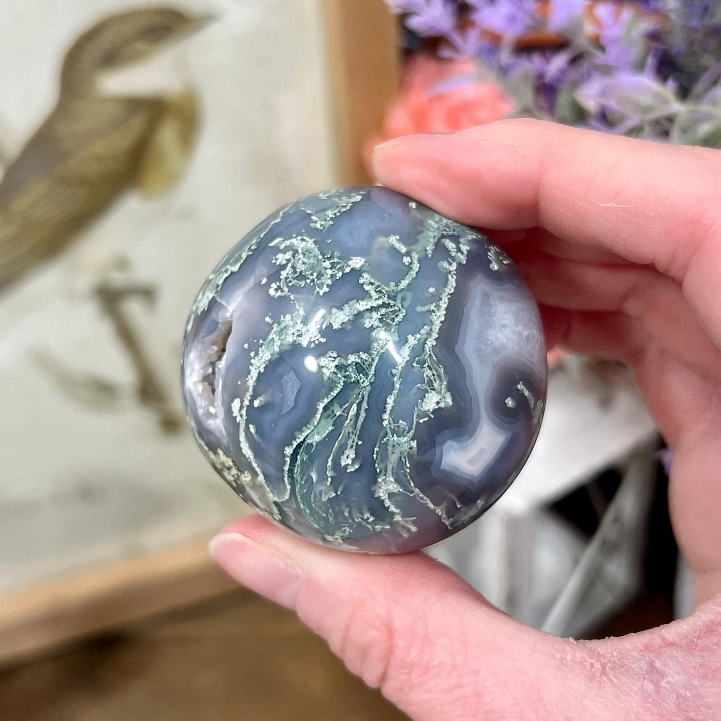 High Grade Moss Agate Sphere from India | Druzy Moss Agate | Blue Moss Agate Sphere | Blue Chalcedony