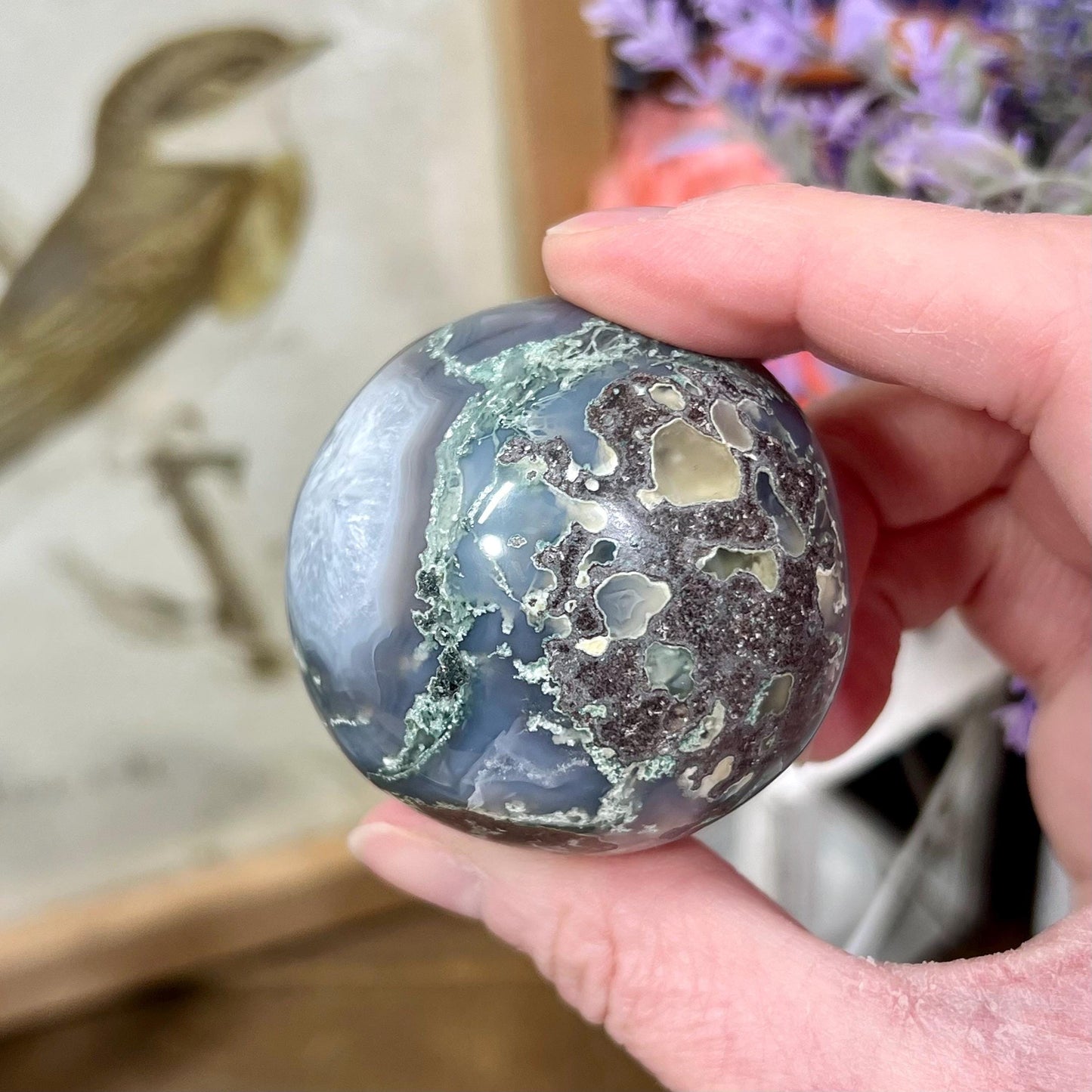 High Grade Moss Agate Sphere from India | Druzy Moss Agate | Blue Moss Agate Sphere | Blue Chalcedony