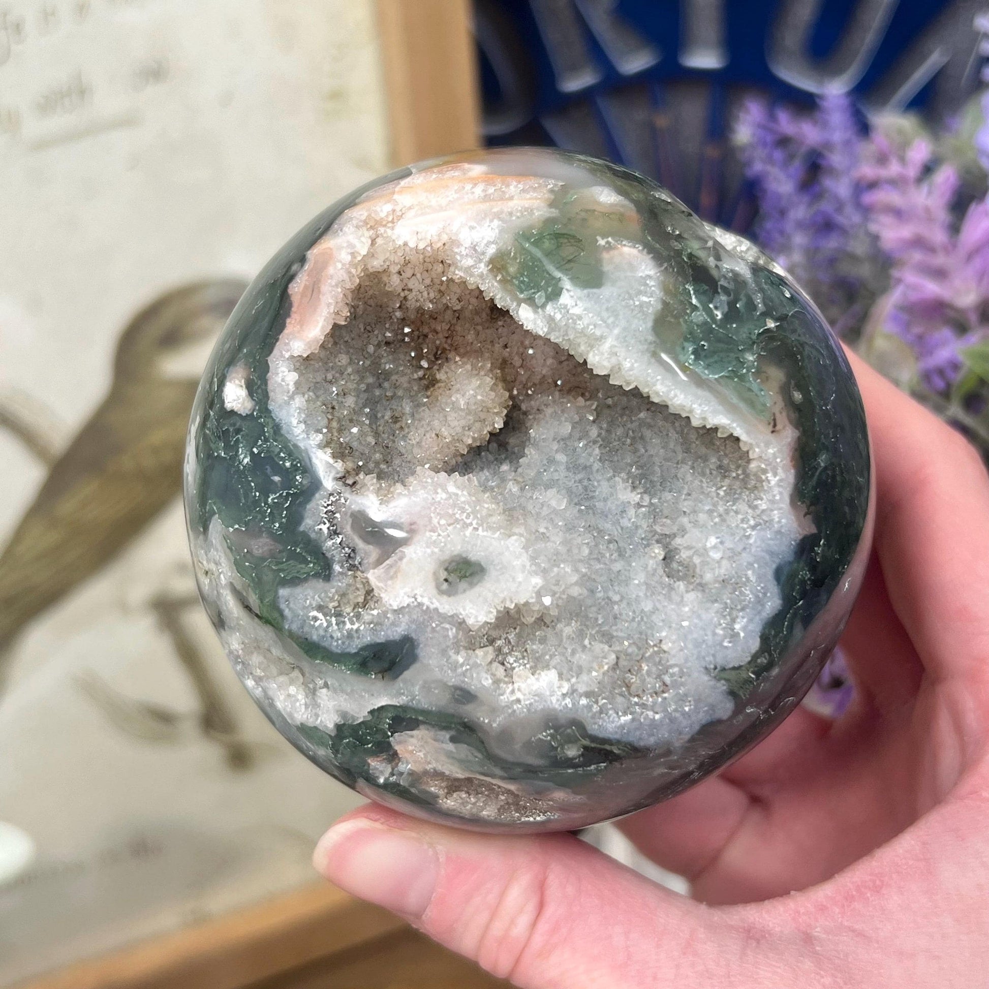 Large Druzy Moss Agate Sphere from India | Blue Moss Agate Sphere