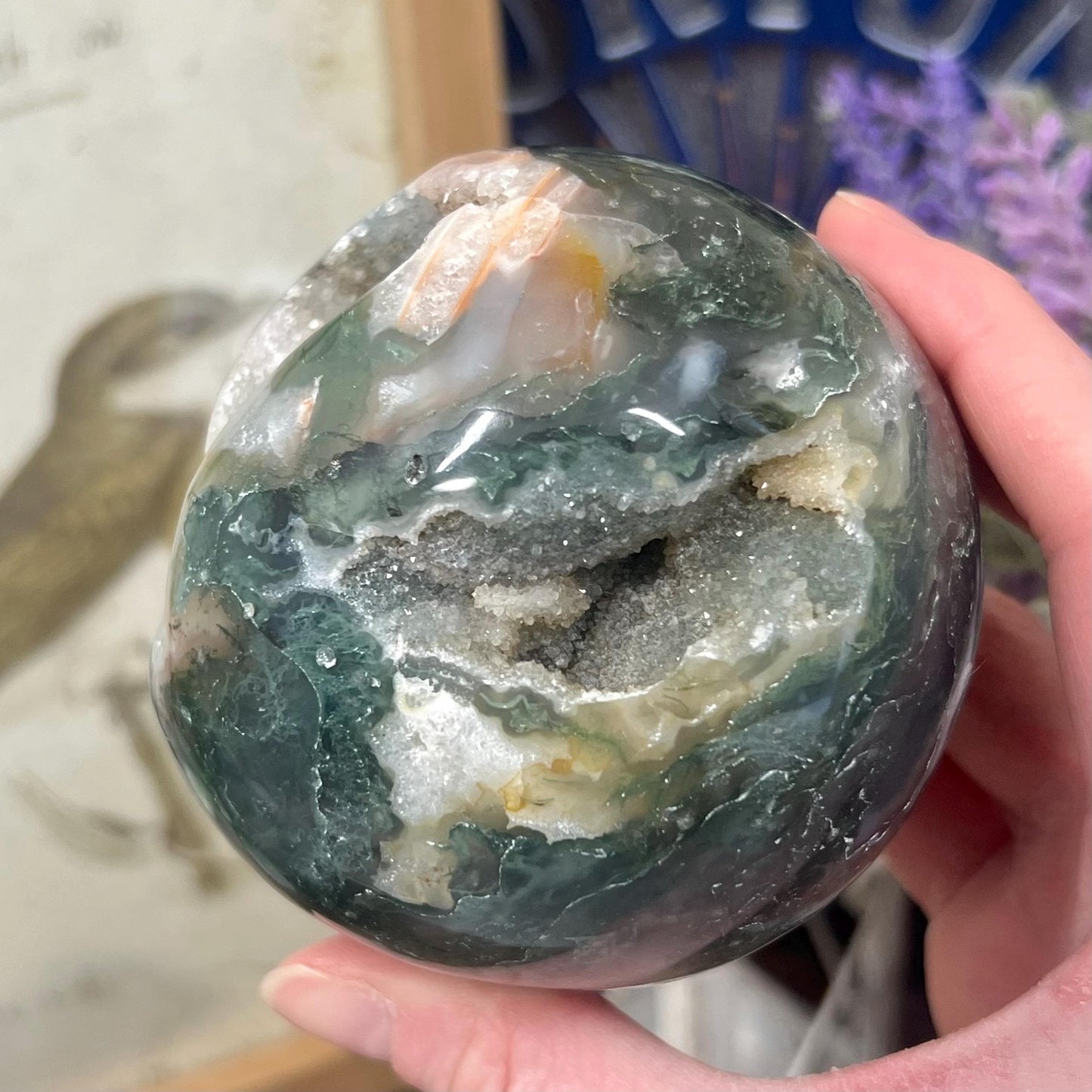 Large Druzy Moss Agate Sphere from India | Blue Moss Agate Sphere