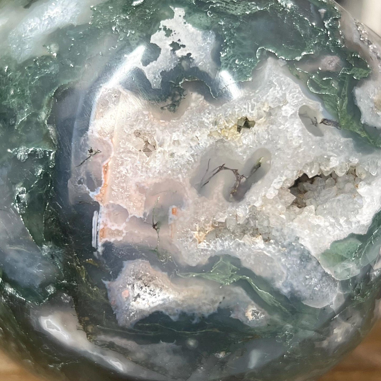 Large Druzy Moss Agate Sphere from India | Blue Moss Agate Sphere