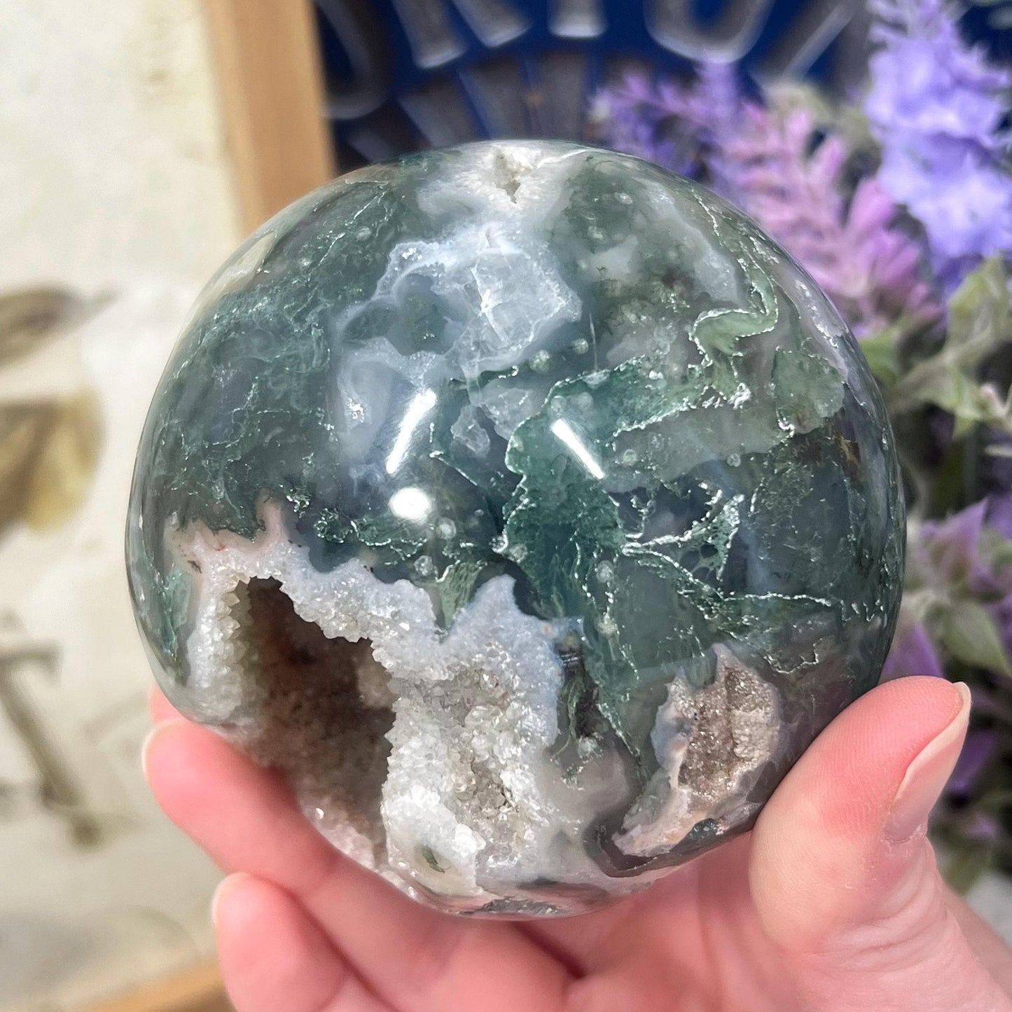 Large Druzy Moss Agate Sphere from India | Blue Moss Agate Sphere