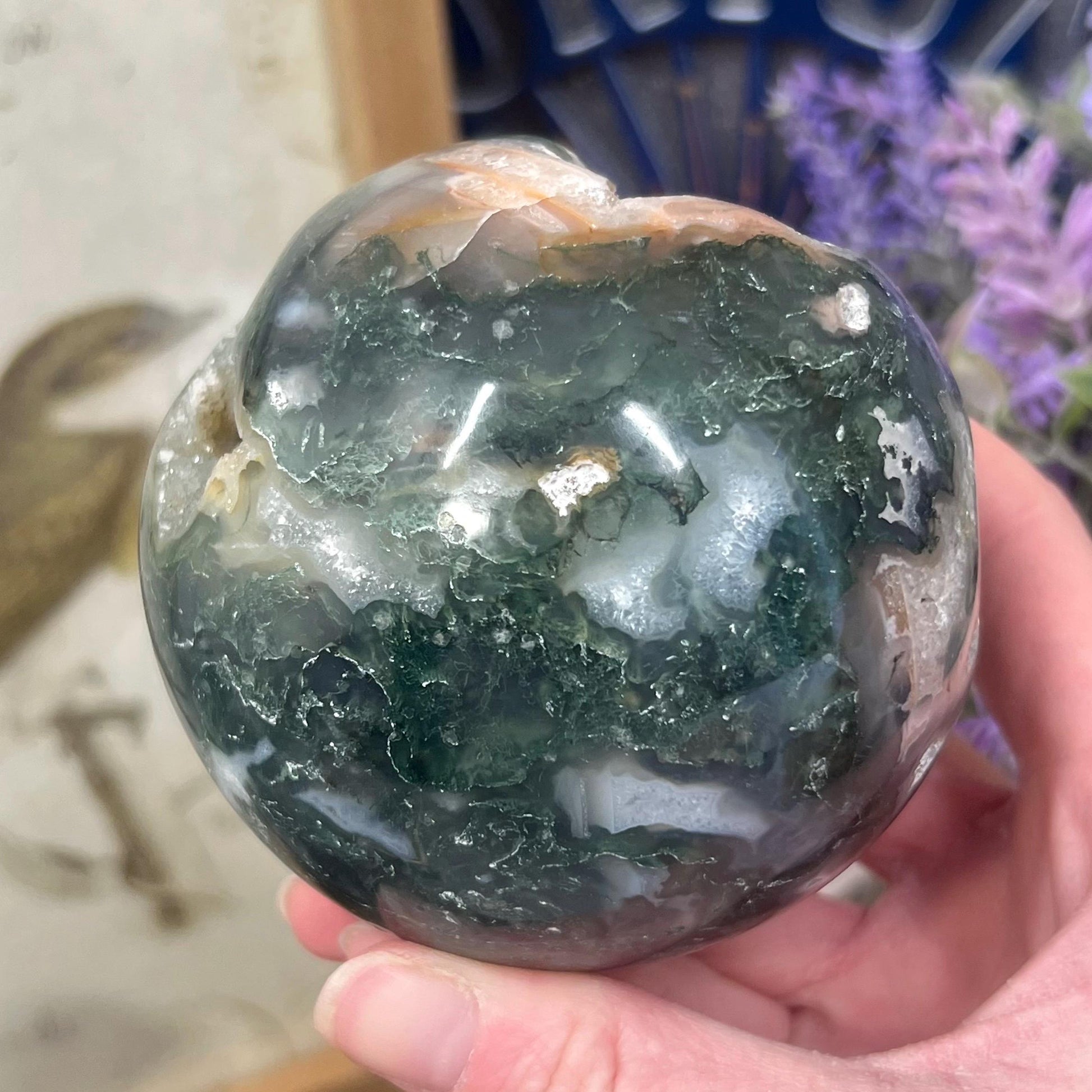 Large Druzy Moss Agate Sphere from India | Blue Moss Agate Sphere