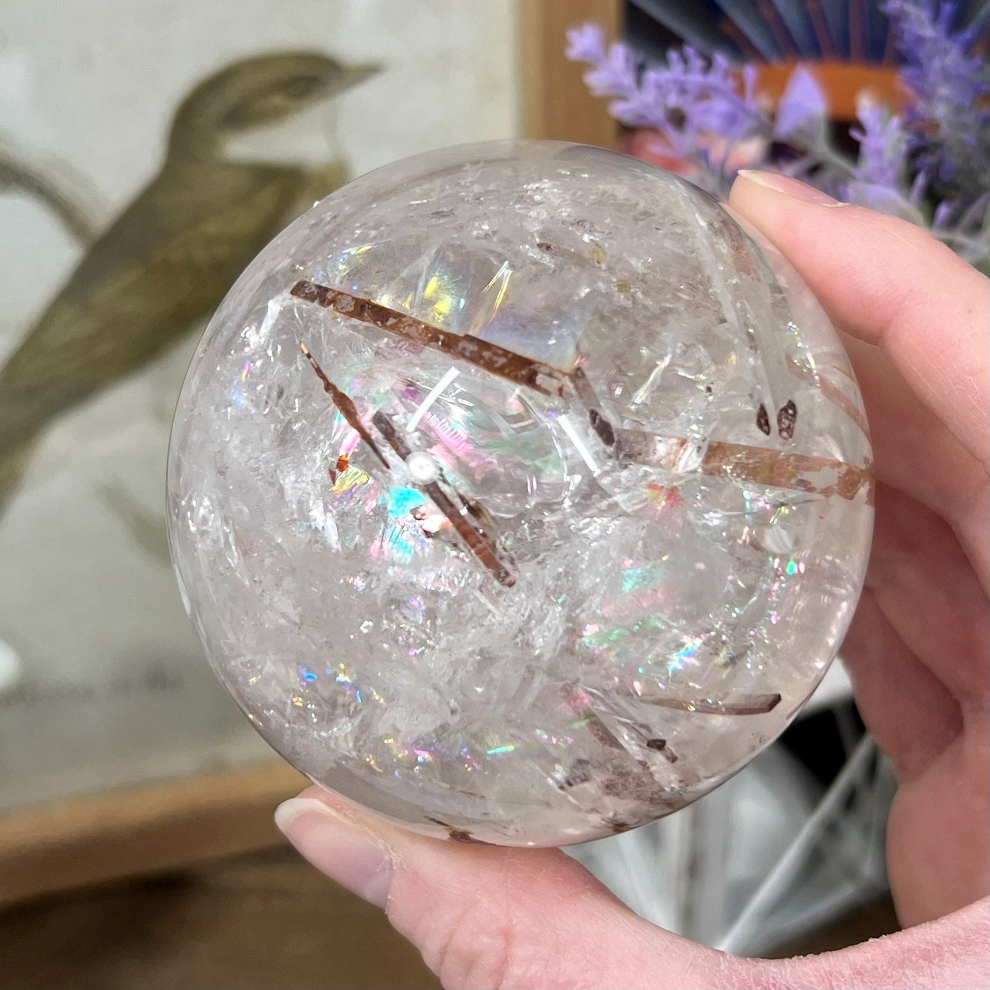 Amazing Quartz Sphere with Rainbows and Rutile | Rainbow Quartz | Rutilated Quartz | Red Hematite Quartz