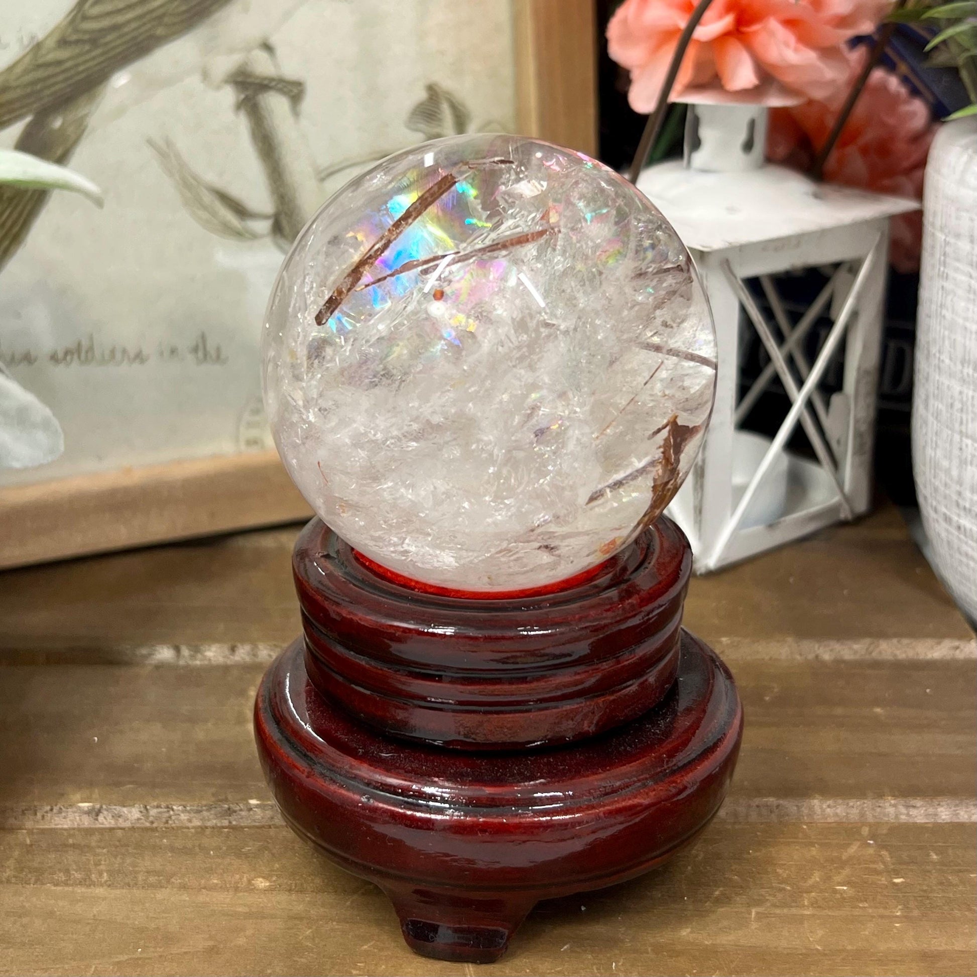 Amazing Quartz Sphere with Rainbows and Rutile | Rainbow Quartz | Rutilated Quartz | Red Hematite Quartz