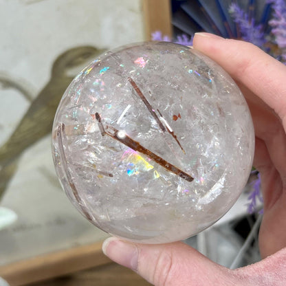 Amazing Quartz Sphere with Rainbows and Rutile | Rainbow Quartz | Rutilated Quartz | Red Hematite Quartz