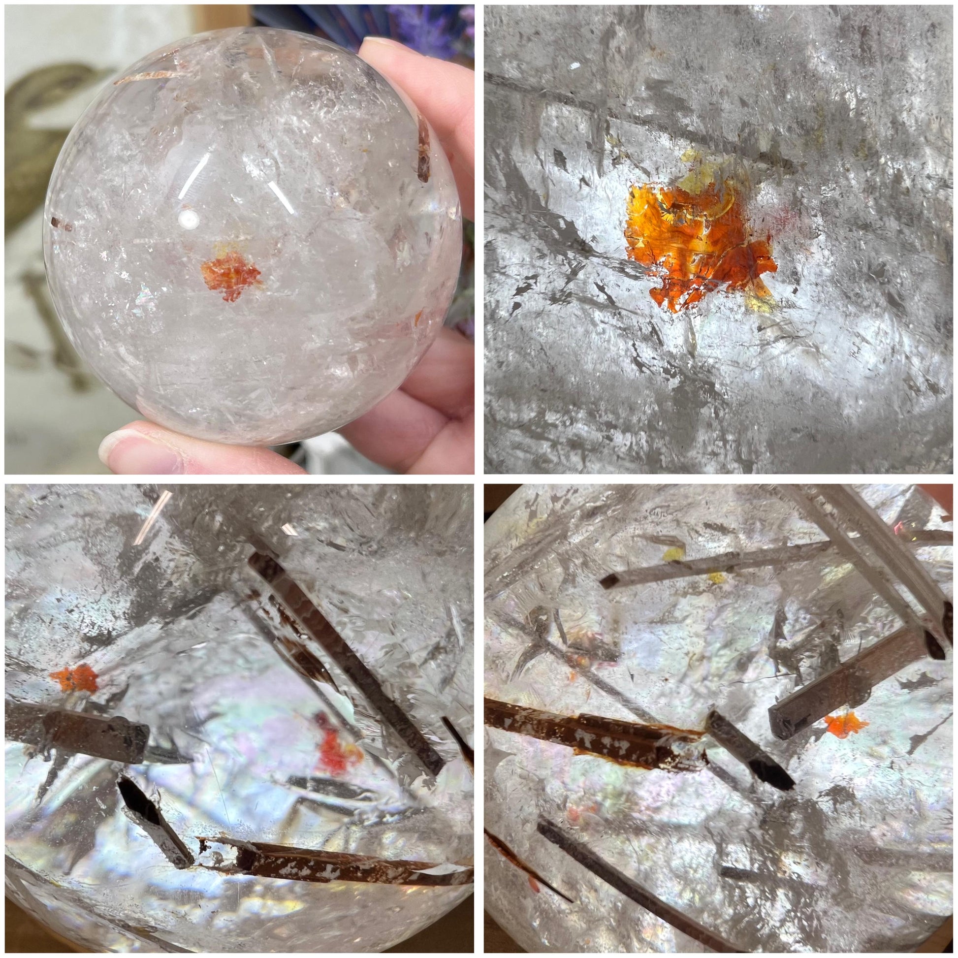 Amazing Quartz Sphere with Rainbows and Rutile | Rainbow Quartz | Rutilated Quartz | Red Hematite Quartz