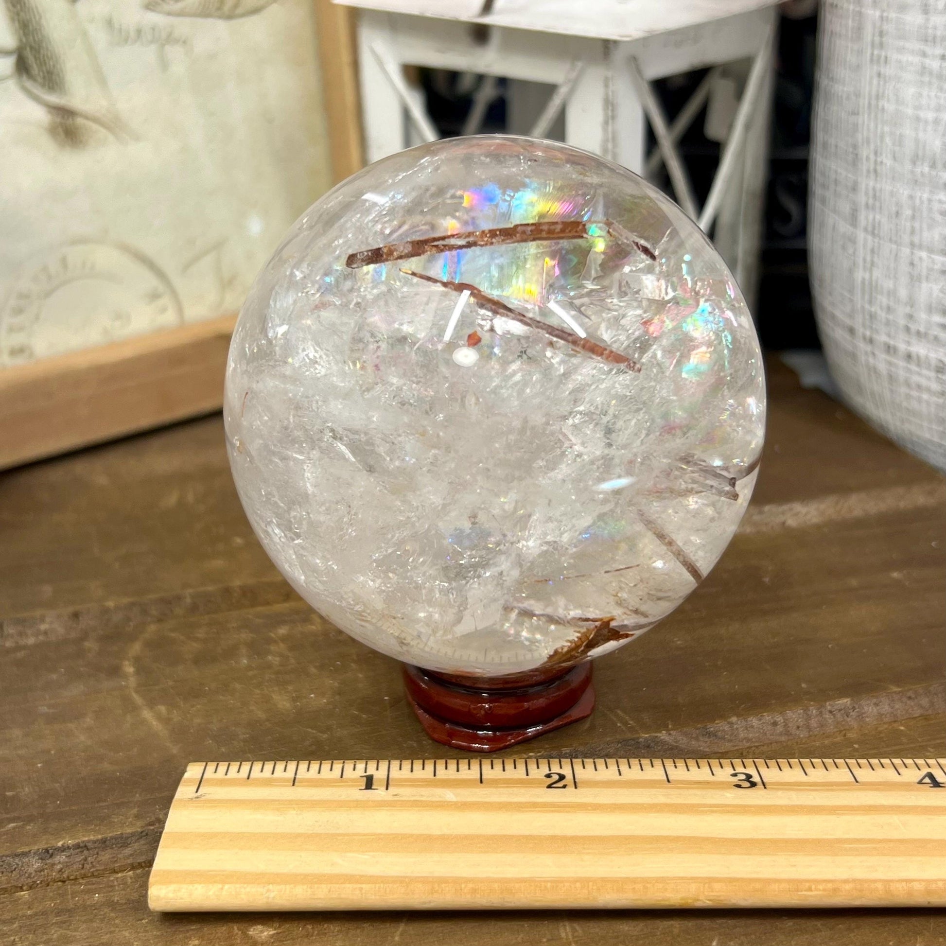 Amazing Quartz Sphere with Rainbows and Rutile | Rainbow Quartz | Rutilated Quartz | Red Hematite Quartz