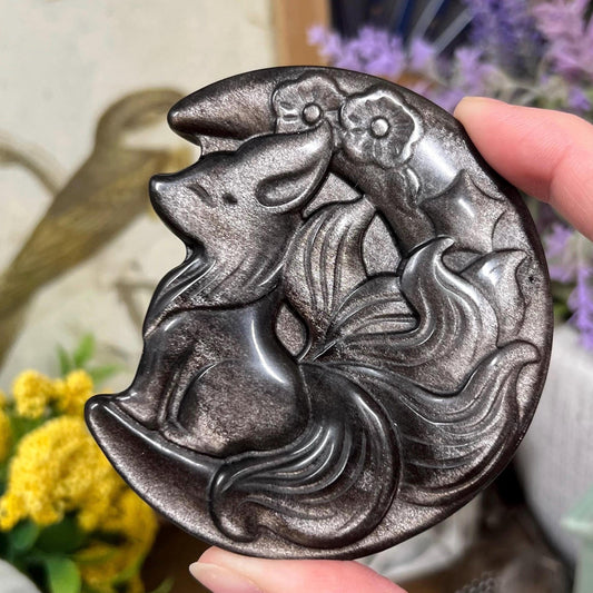 Silver Obsidian Fox Carving with Stand | Silver Sheen Obsidian | Crystal Fox | Crystal Kitsune