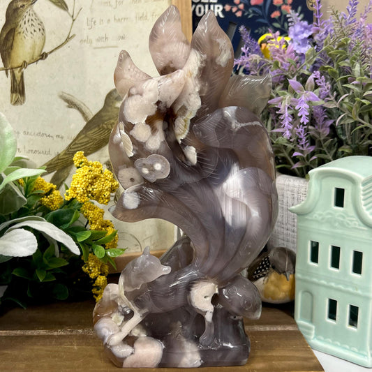 XXL Black Flower Agate Fox Carving | Crystal Statement Piece | Crystal Fox | Crystal Kitsune | Nine-tailed Fox