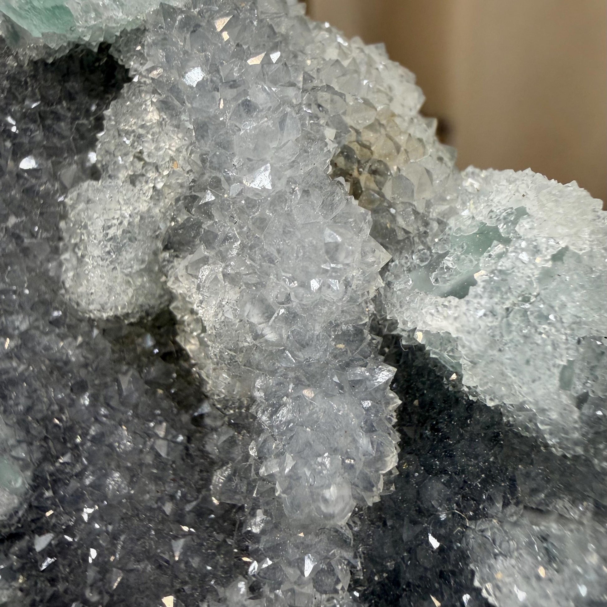 Sparkling Druzy Quartz on Cubic Fluorite | Quartz Epimorphs After Fluorite Cubes | Light Green Fluorite Mineral Specimen