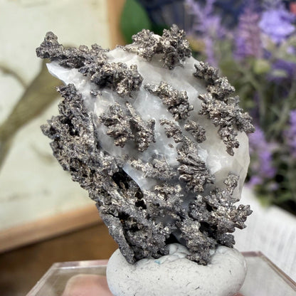 Native Silver on White Calcite - 19g | Morocco Shiny Crystalline Dendritic Silver Specimen | Rare Natural Silver Mineral | Collector Display