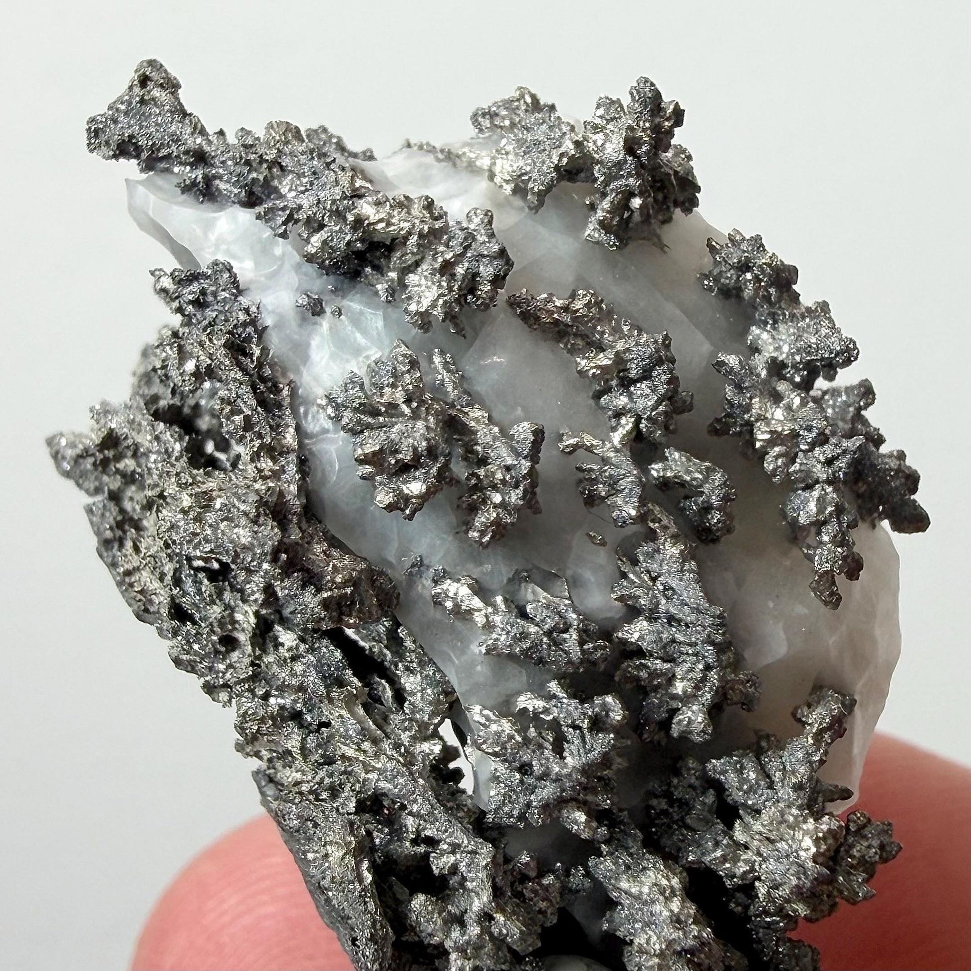 Native Silver on White Calcite - 19g | Morocco Shiny Crystalline Dendritic Silver Specimen | Rare Natural Silver Mineral | Collector Display