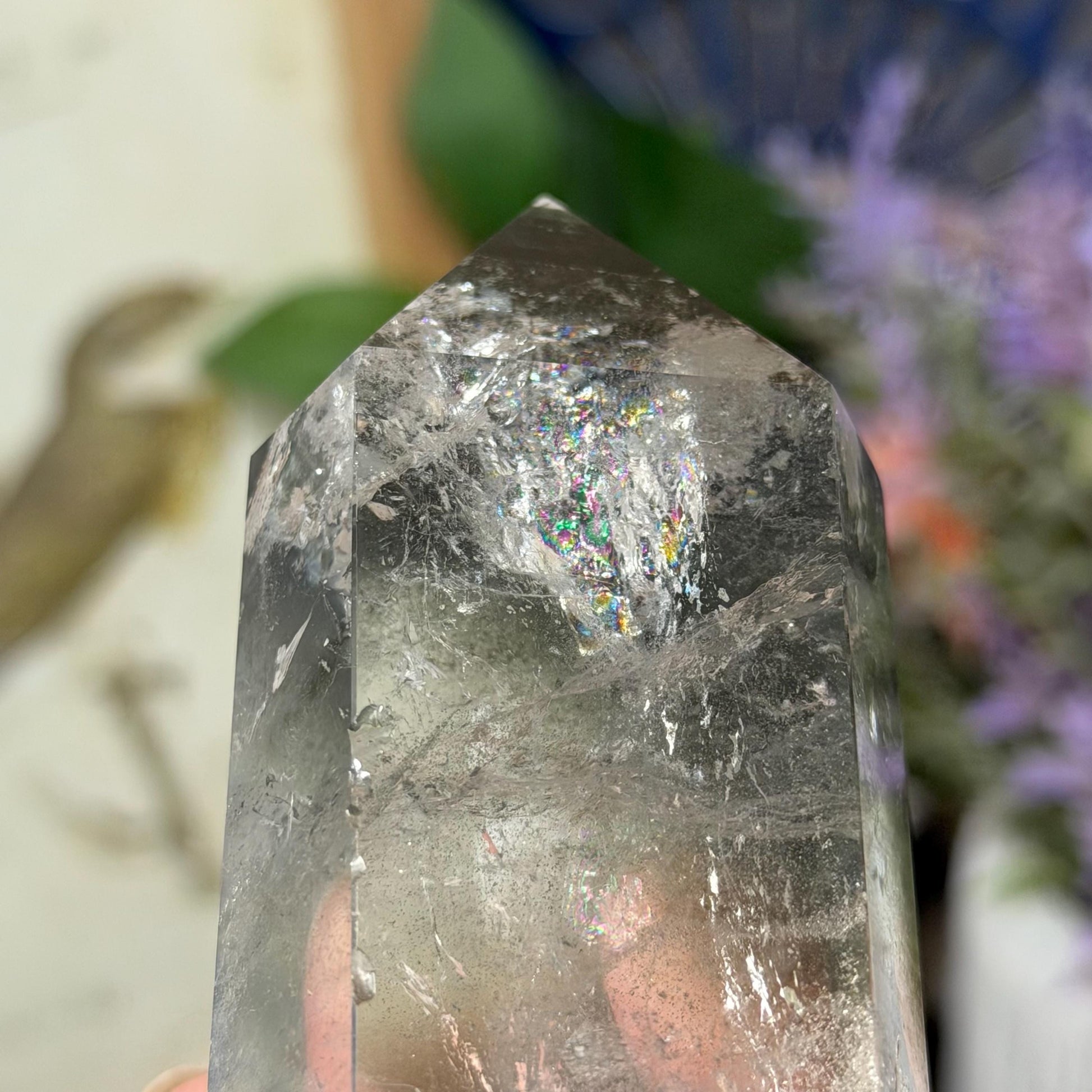 Scenic Lodolite Quartz Tower with Rainbows | Garden Quartz | Green Chlorite Quartz | Chlorite Phantoms | Rainbow Quartz