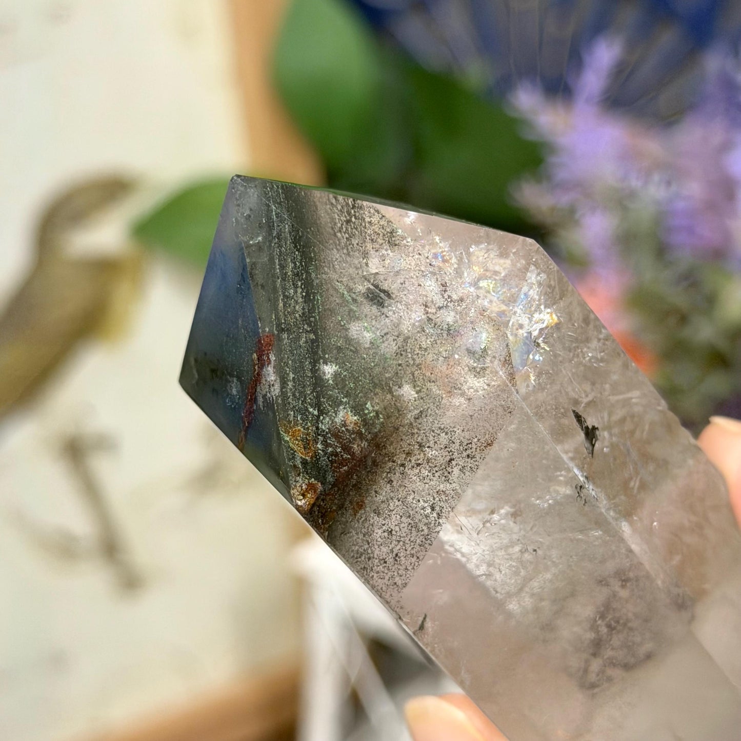 Scenic Lodolite Quartz Tower with Rainbows | Garden Quartz | Green Chlorite Quartz | Chlorite Phantoms | Rainbow Quartz
