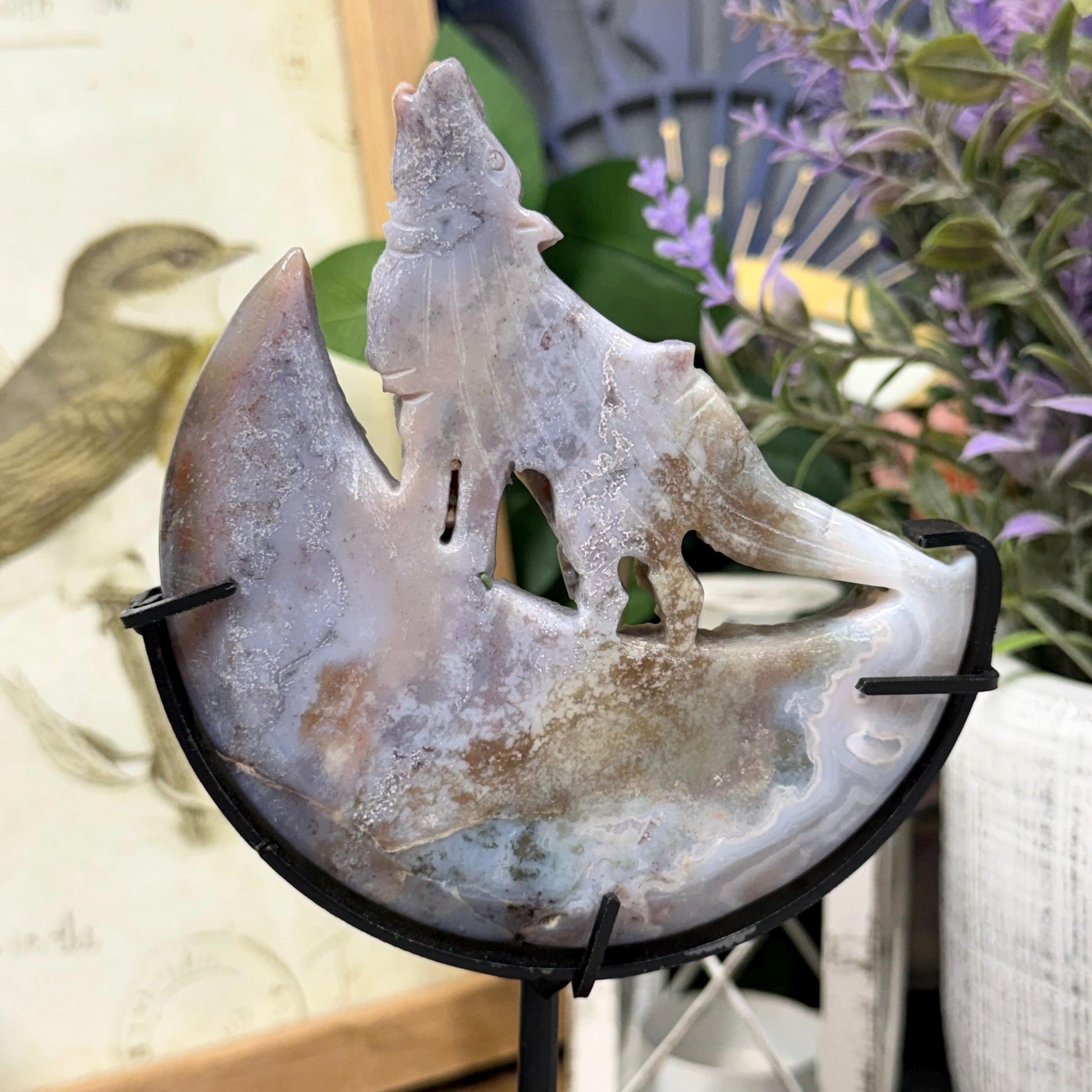 Sea Jasper Howling Wolf on Stand | Crystal Wolf Carving | Crystal Moon | Colorful Agate