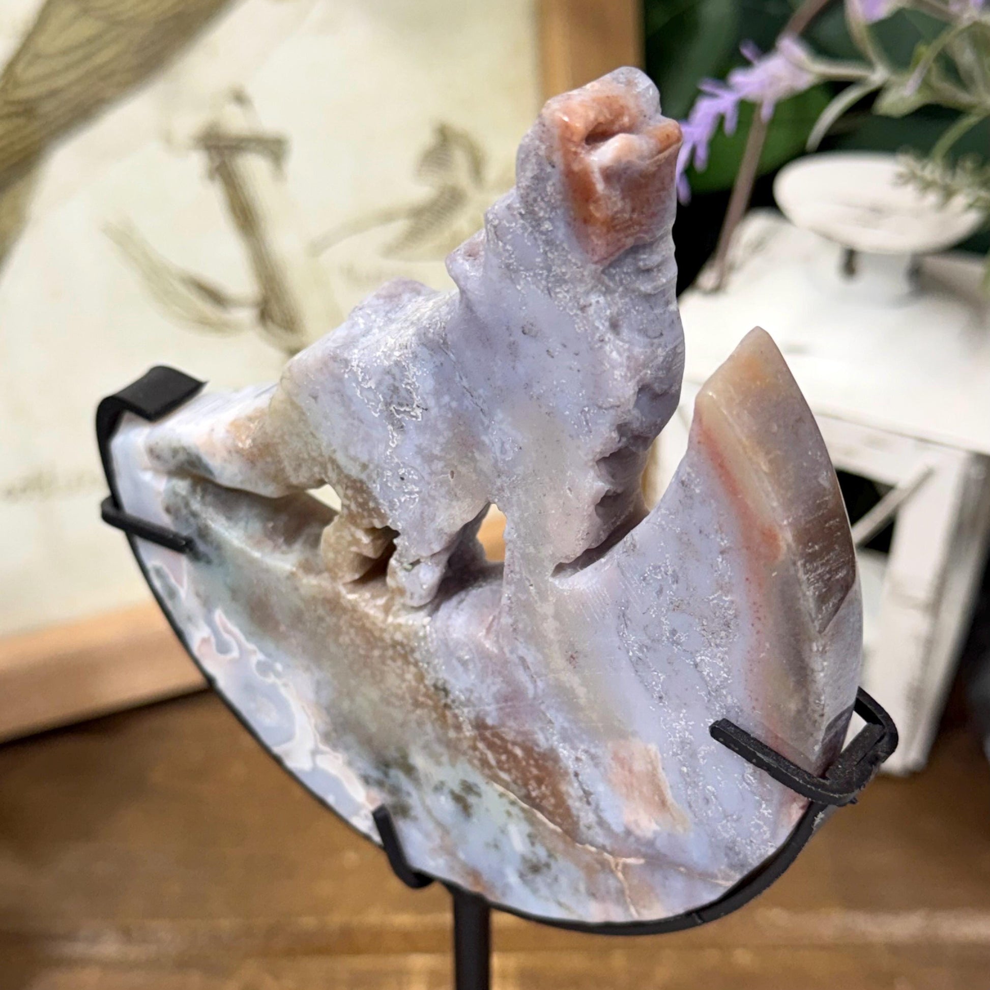 Sea Jasper Howling Wolf on Stand | Crystal Wolf Carving | Crystal Moon | Colorful Agate