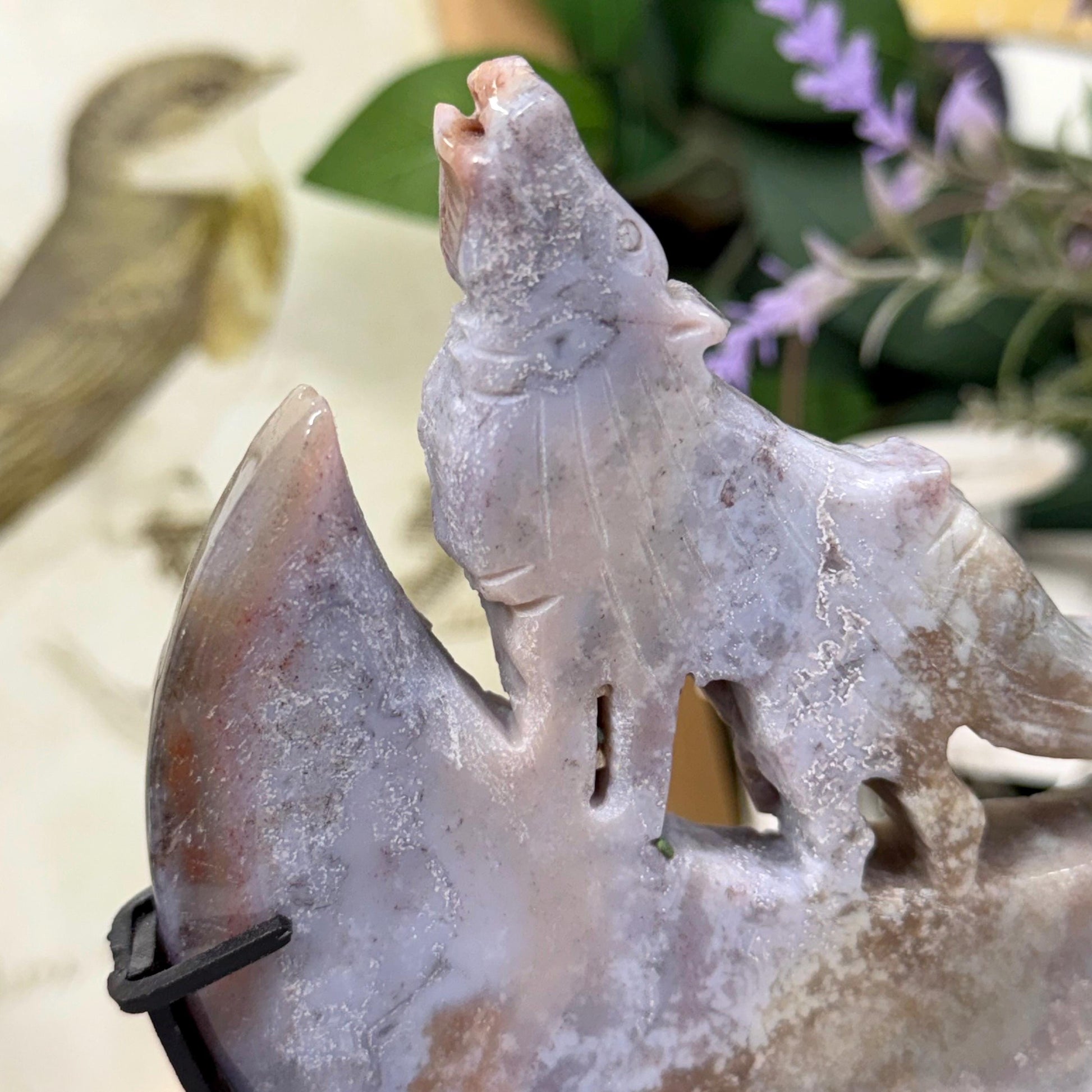 Sea Jasper Howling Wolf on Stand | Crystal Wolf Carving | Crystal Moon | Colorful Agate