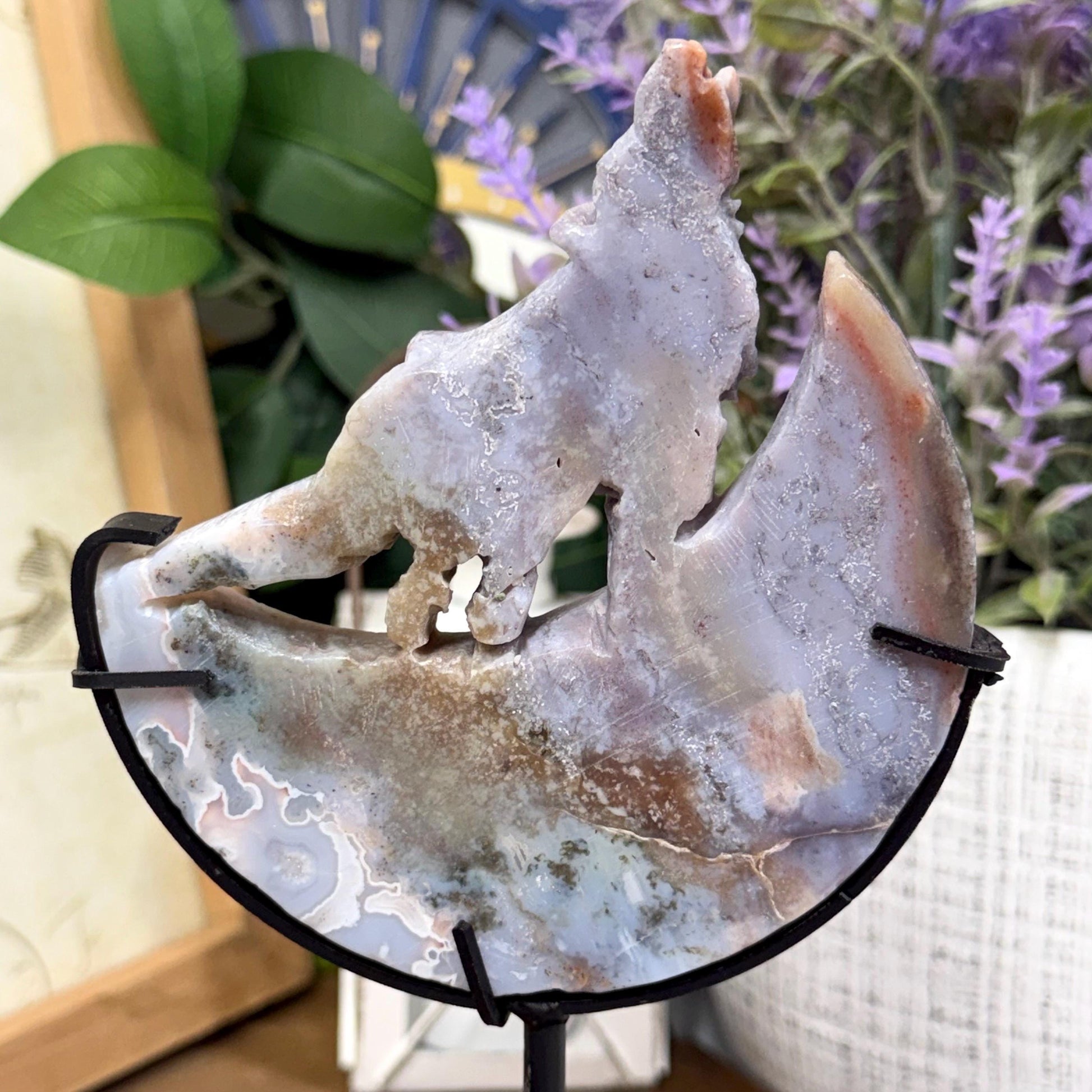 Sea Jasper Howling Wolf on Stand | Crystal Wolf Carving | Crystal Moon | Colorful Agate